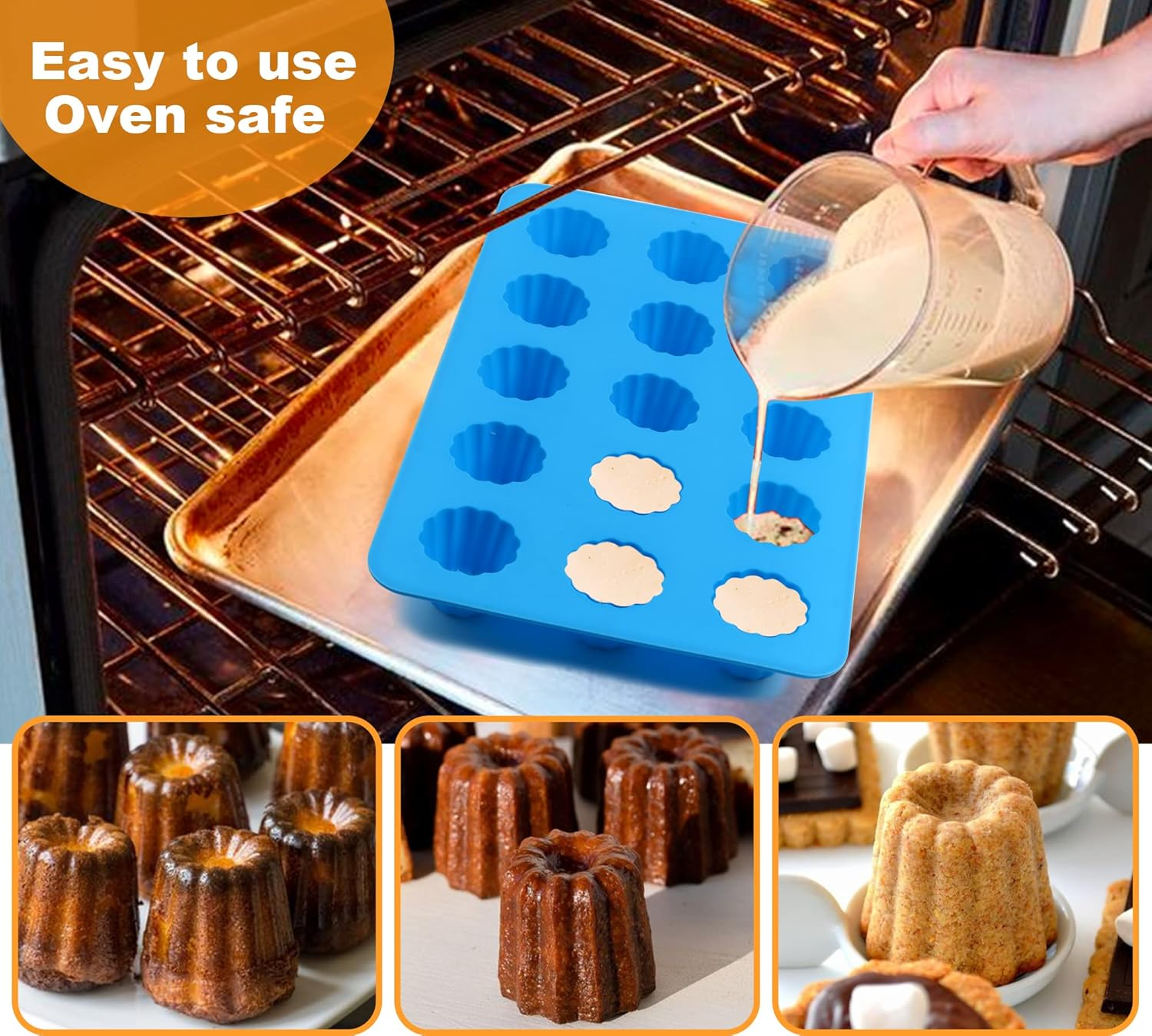 Sidosir 2Pcs Canele Mold Silicone, 15-Cavity Mini Nonstick Canele Silicone Baking Cake Pan for Bread Muffin (15-Cavity) image number 4