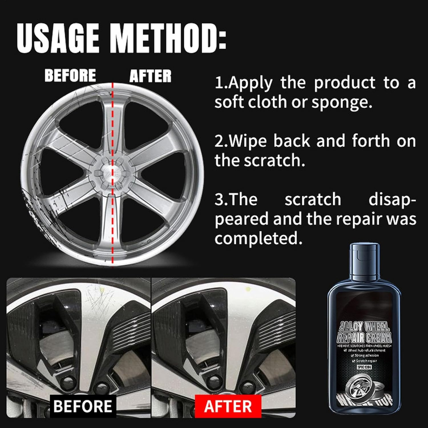 Car Tire Scratch Repair - with Sponge 120G Aluminum Alloy Wheel Repair Paint | Aluminum Alloy Car Tire Polisher Paste for Vehicles Steel Repair image number 2