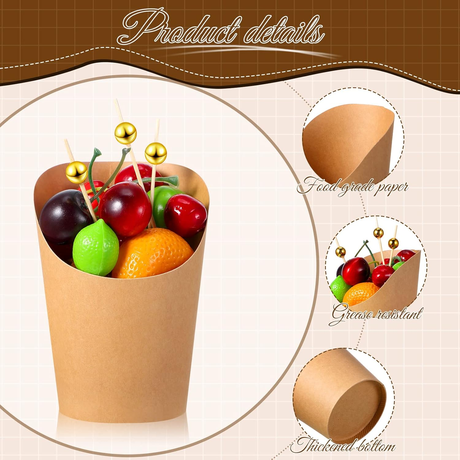 50 Pcs 14 Oz Disposable French Fries Cups Charcuterie Waffle Paper Popcorn Kraft Paper Boxes and 100 Pcs 4.7 Inch Wooden Cocktail Toothpicks Appetizers Fruits Dessert Sticks image number 5