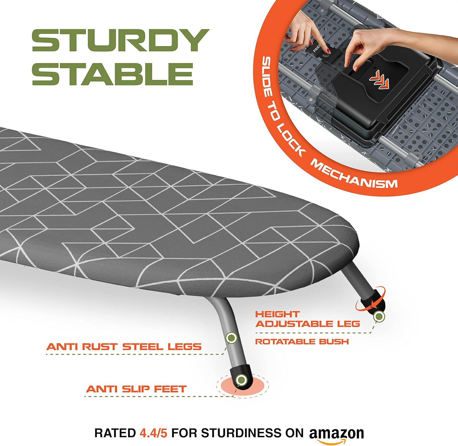 Xabitat Table Top Ironing Board W/Wall Mount | D-Crease | Portable Space Saving Mini Laundry Room Iron Board | Foldable Small Ironing Board with Iron Holder | Grey - Grey image number 2