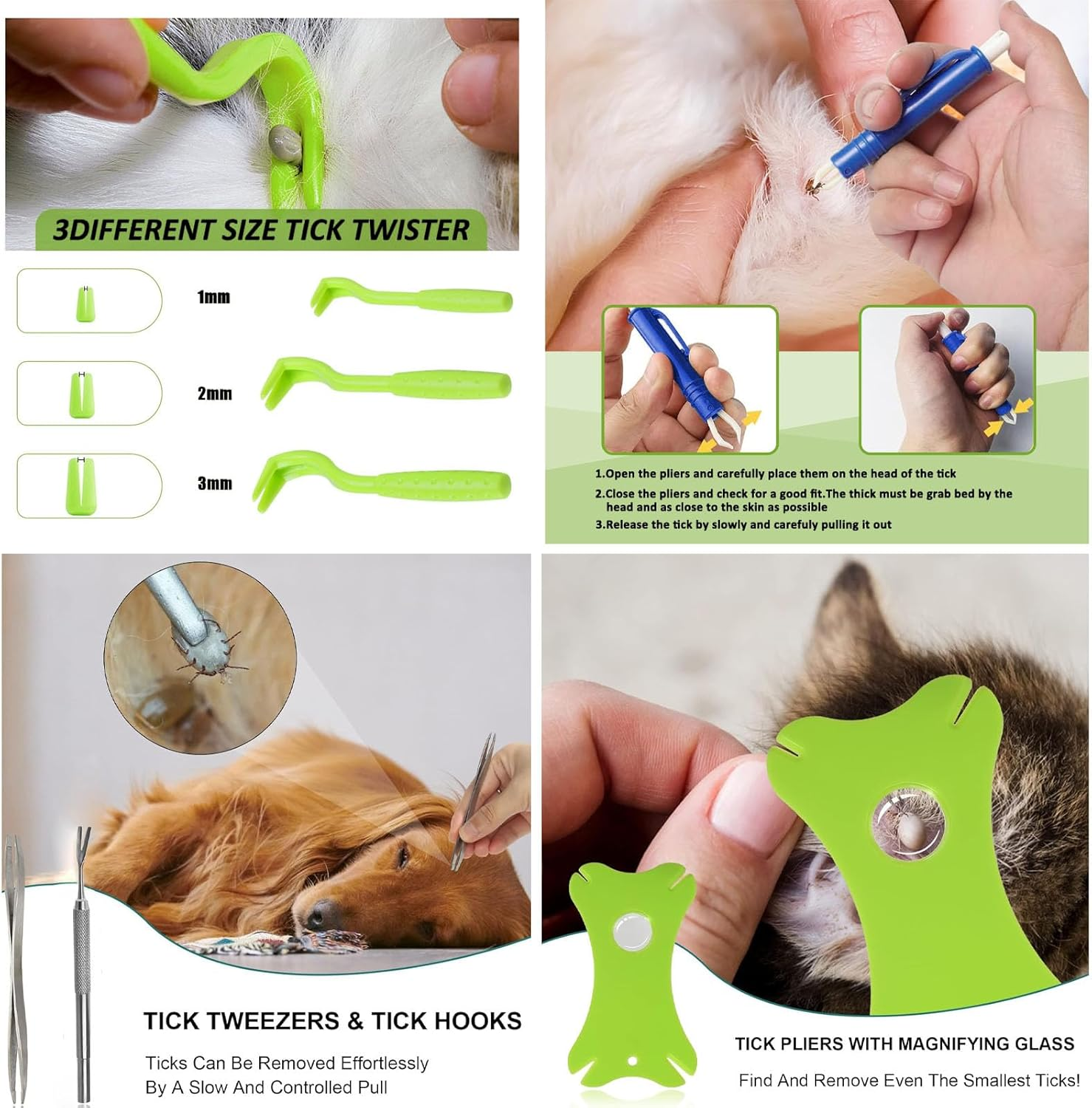 Tick Removal Tool Kit 8 in 1 for Dogs Cats with Storage Box, Effective,Safe & Easy,Stainless Steel Metal Grooming Flea Comb and Tick Tweezers,For Humans and Pets(With Magnifying Glass) image number 4