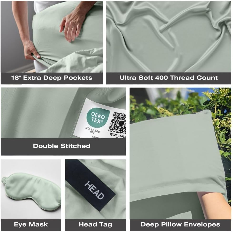 GREENLEAF King-Sized Bed Sheet Set, Seaglass Green | Fitted Bed Sheet with Pillow Cases, Flat Sheet & Sleep Mask | Breathable, Ultra-Soft Cooling | Deep Pocket up to 18" | Double Stitched Sateen image number 6