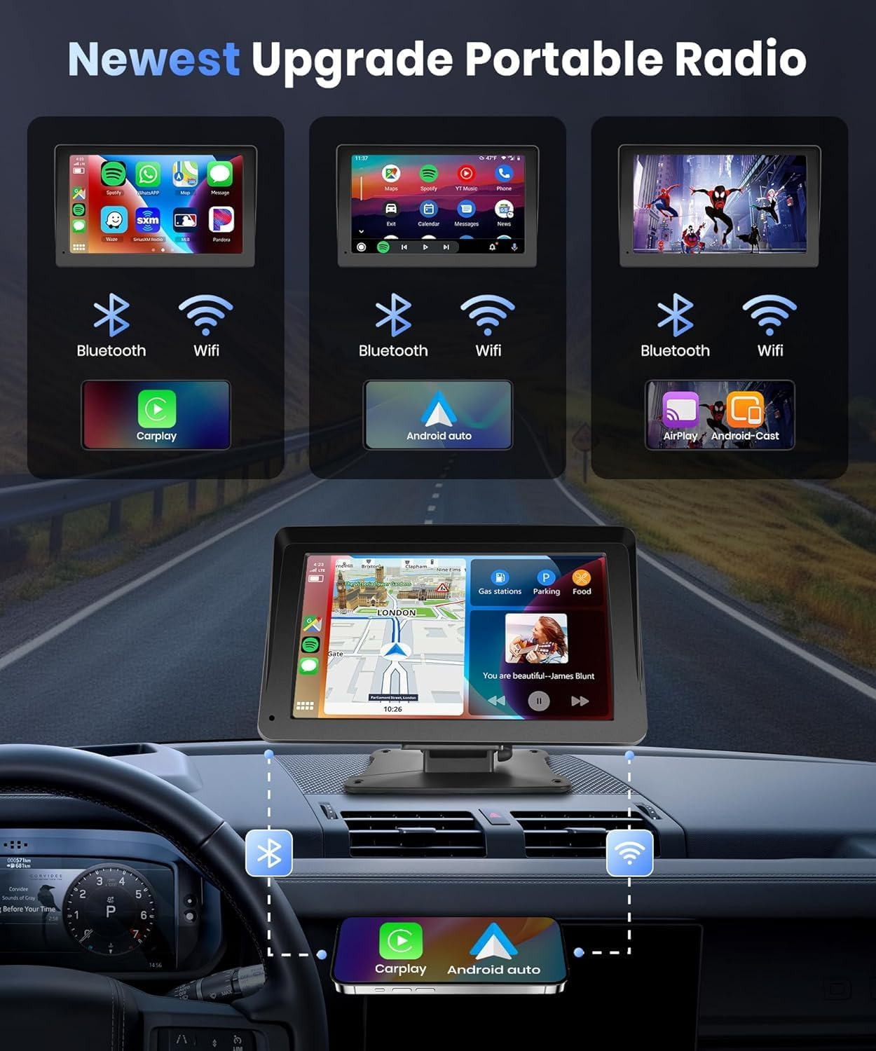 Podofo Portable Car Stereo Wireless Carplay Android Auto,7 Inch Touch Screen Car Radio with Bluetooth Hands-Free/Mirror Link/Maps Navigation/Voice Control/Tf Card/Aux,For Cars, Trucks, Suvs image number 4