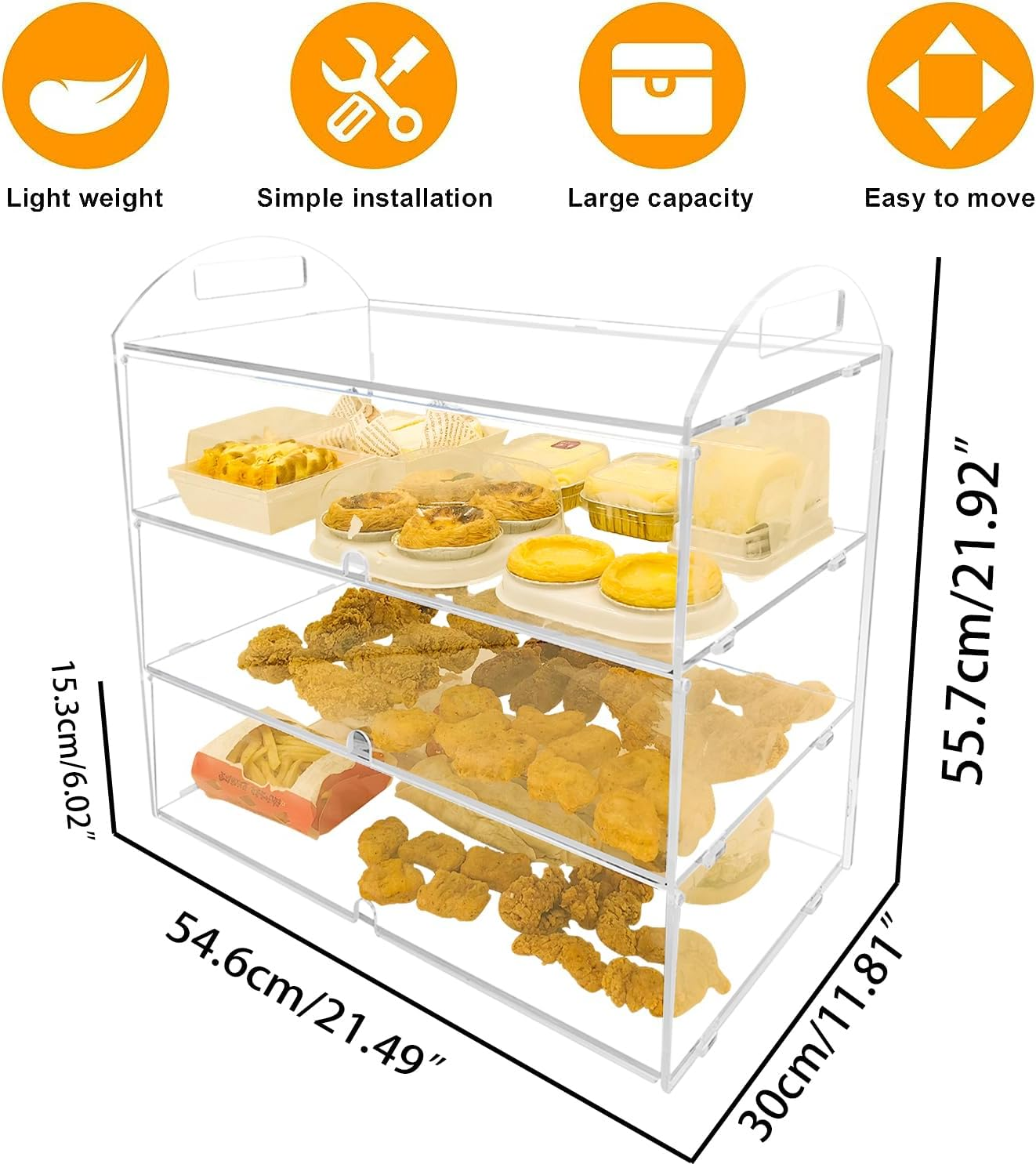 3 Tiers Clear Counter Top Bakery Display Case Pastry Display Cabinet 21.49"X21.92"X11.81" Party Desserts Rack Cake Bread Stand, Food Level PC Panels + Front Doors + Finger Holes + Handel Design