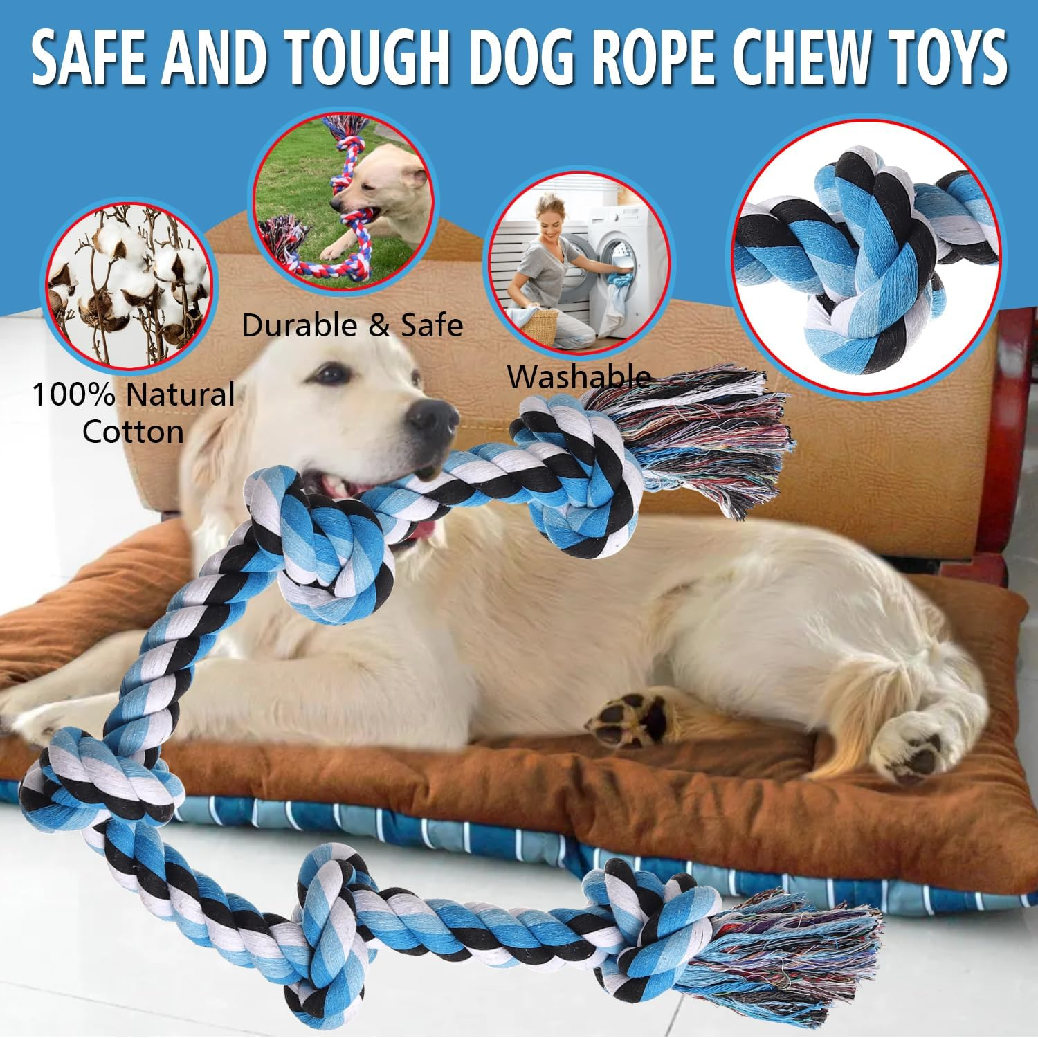 XIGOU Dog Rope Toys for Large Dogs, Aggressive Chewers, 3 Feet 5 Knots Dog Toy, Heavy Duty Tough, Teeth Cleaning image number 4