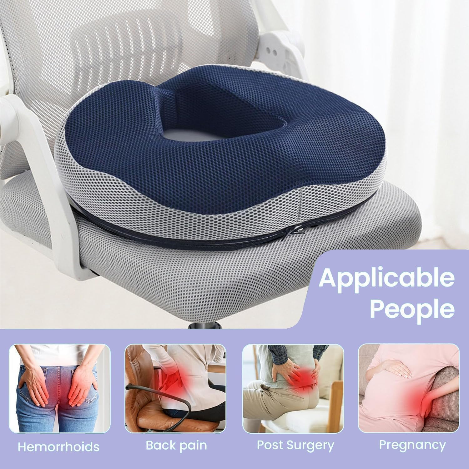 Seat Cushion, Ergonomic Donut Cushion for Office and Car Chair, Sciatica Pain Relief, Memory Foam Seat Cushion with Washable Cover, Lumbar Support Cushion for Long Sitting (Blue)