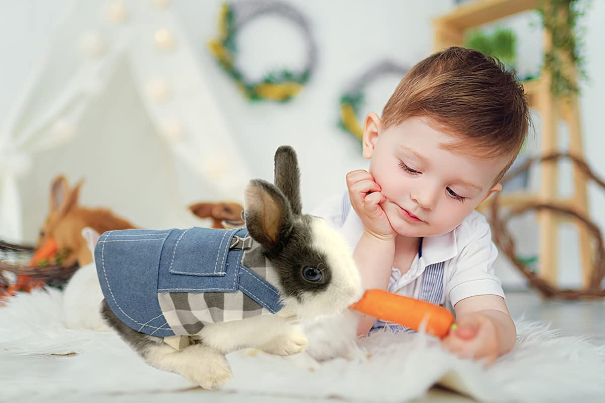 Vehomy Rabbit Harness and Leash Small Animal Clothes for Rabbit Guinea Pig, Bunny Plaid Harness Leash Guinea Pig Blue Denim Black and White Plaid Dress for Kitten Chihuahua and Other Small Animals L image number 1