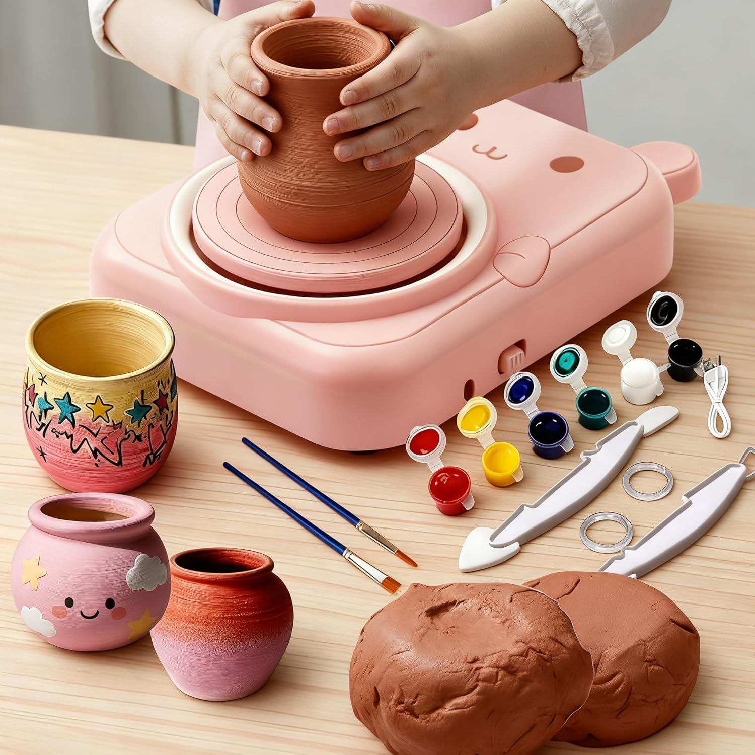 Pottery Wheel for Kids, Girls Arts and Crafts Toys for Kids Ages 8-12, Pottery Studio Craft Kit with 2 Pack Air-Dry Clay, Art Supplies for Kids Toys Girls Birthday, Age 6 7 8 9 10 11 12+ (Pink)