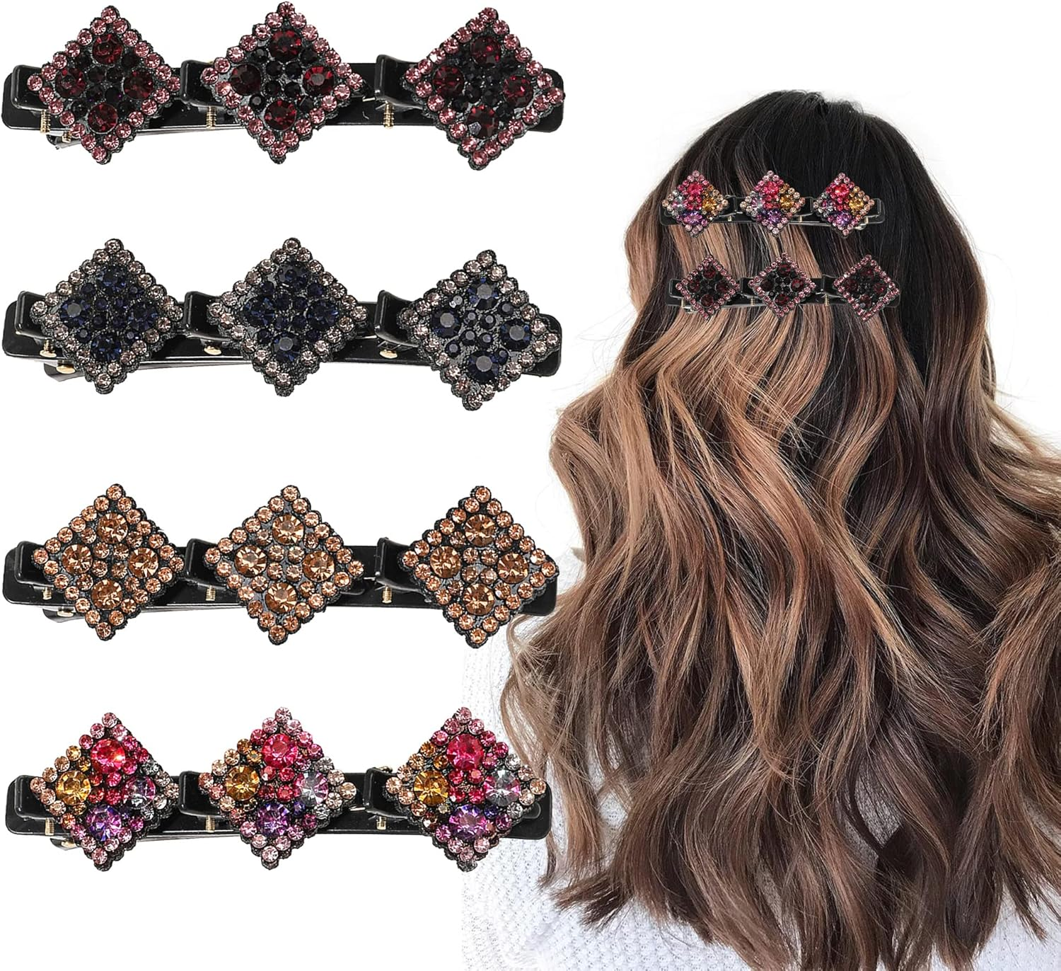 Sonnorel Pack of 4 Hair Clips with Crystal Flower, Crystal Hair Clip Made of Four Leaves Beauty Salon Hair Pins Sparkling Crystal Stone Braided Hair Clips, Rhinestone Braided Hair Clip for Women image number 4