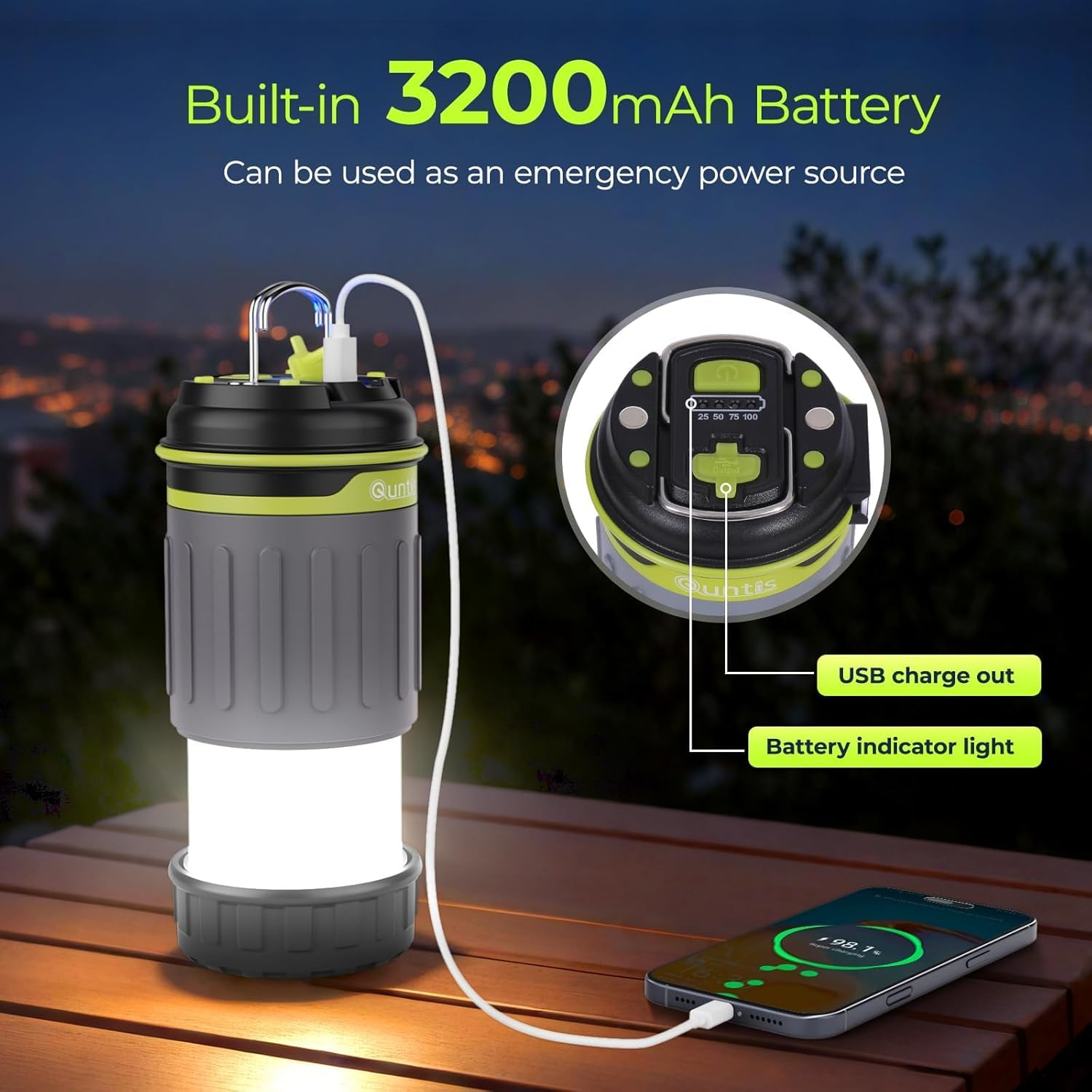 Quntis Camping Lantern Rechargeable, 600 Lumen Telescoping Camping Light, Dimmable 3 Modes with 3200Mah Battery Capacity Tent Lights, Magnetic Base & Foldable Hook for Outdoor, Hiking, Emergency Use image number 4