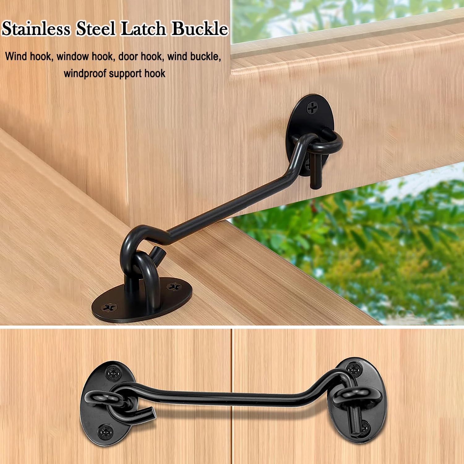 2PCS Barn Door Hook Lock, Gate Door Hook and Eye Latch, Cabin Hooks and Eye Latch Lock Cabinet Latche, Swivel Window Hook for Sliding Door Bedroom Bathroom Windows Gates Black, 6 Inch image number 4