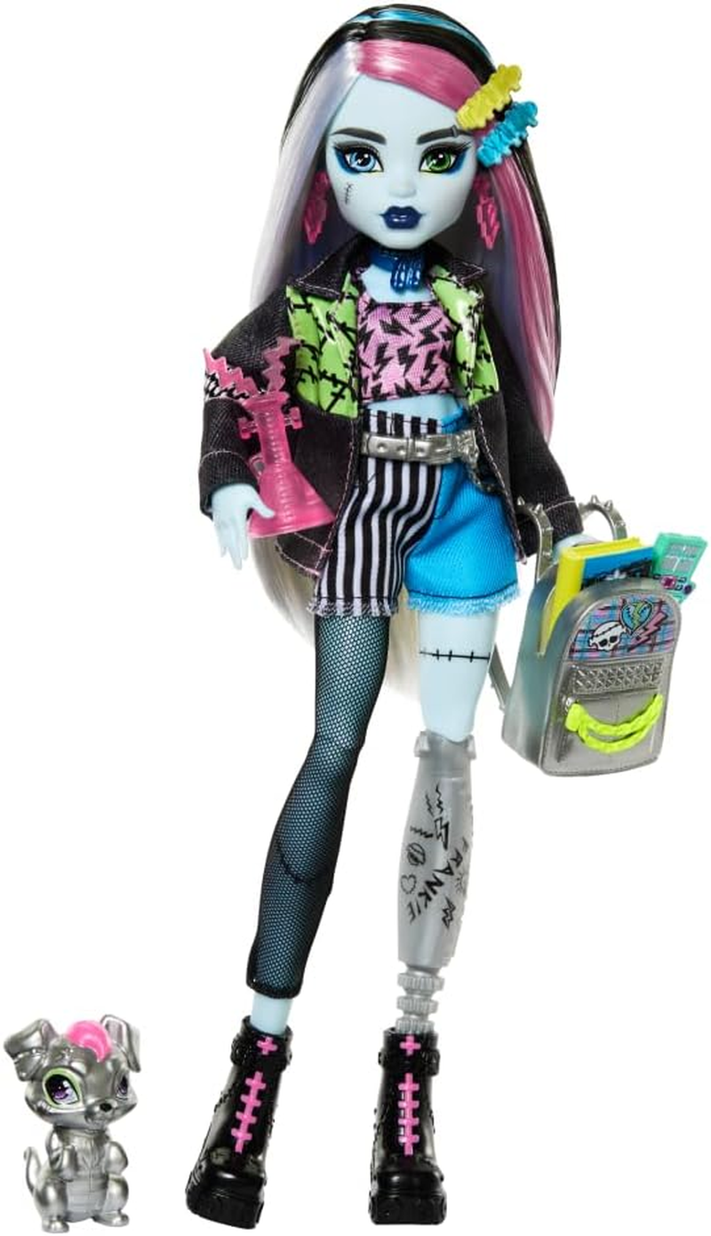 Monster High Frankie Stein Doll in Denim Jacket and Shorts, Includes Pet Dog Watzie and Accessories like a Backpack, Snack and Notebook image number 4