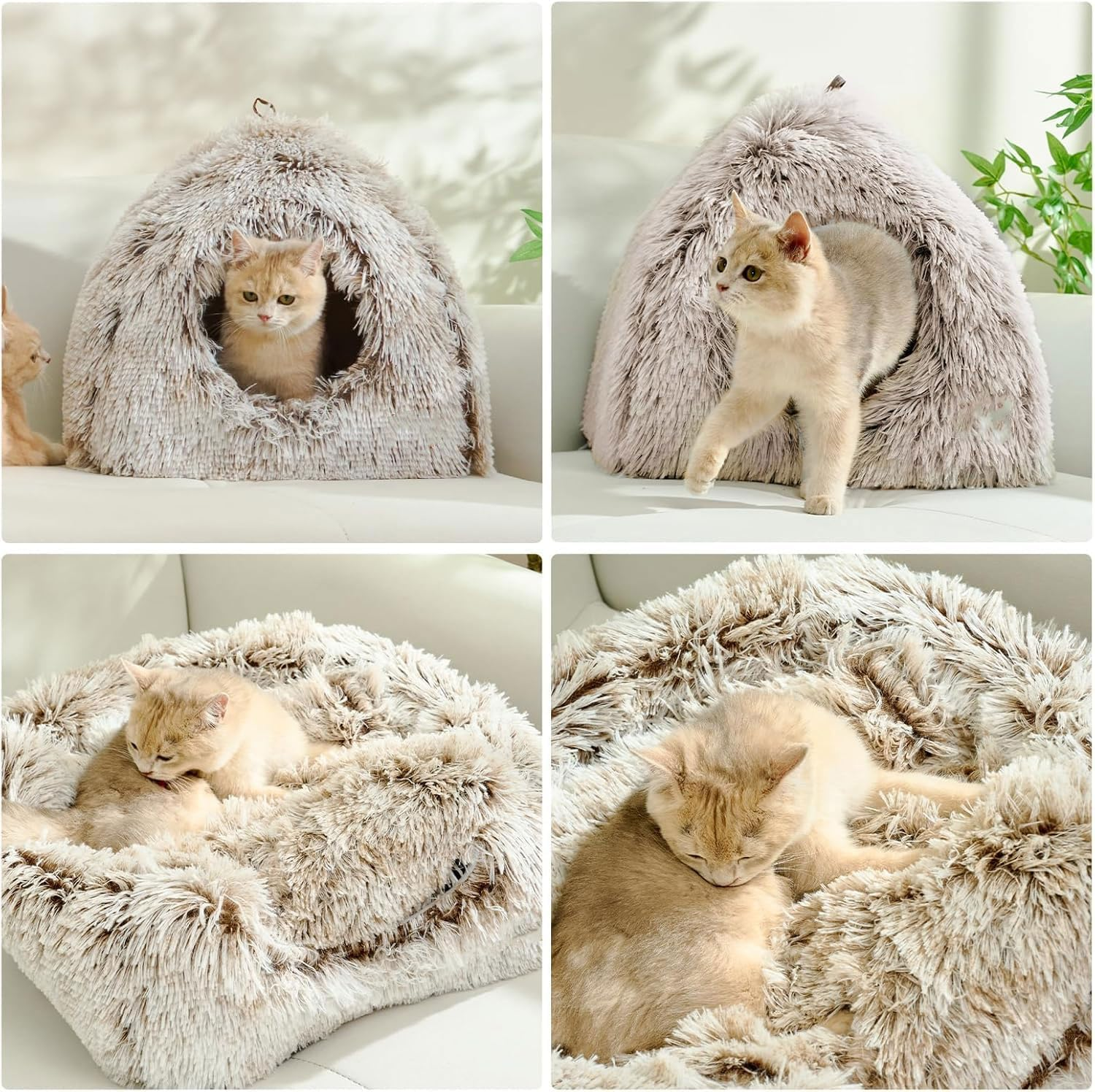 Cat Bed, Cats Cave for Indoor Cats, Soft Cat Dome,Self-Warming 2 in 1 Foldable Pet House with Washable Cushioned Pillow Calming Fluffy Dog Beds for Small Dogs with Anti-Slip Bottom(Brown) image number 1