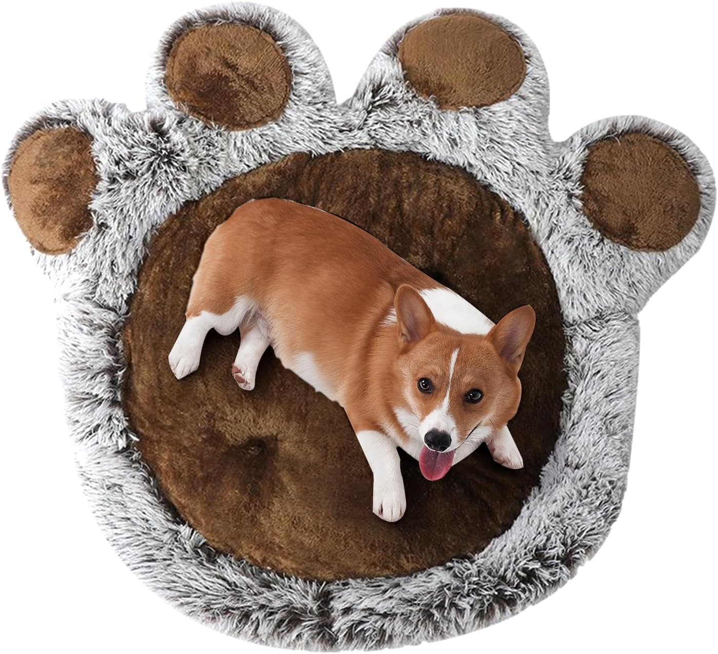 Plush Paw-Shaped Pet Bed, Brown and Grey, Soft Faux Fur Cushion for Dogs and Cats 60 * 70Cm(M)
