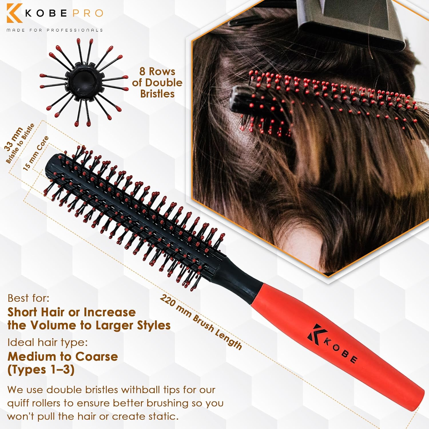 Kobe Professional Quiff Roller Small round Hair Brush with Red Rubber Grip Handle - Slick Back, Curly, Ideal round Hair Brush for Men and Barbers image number 3