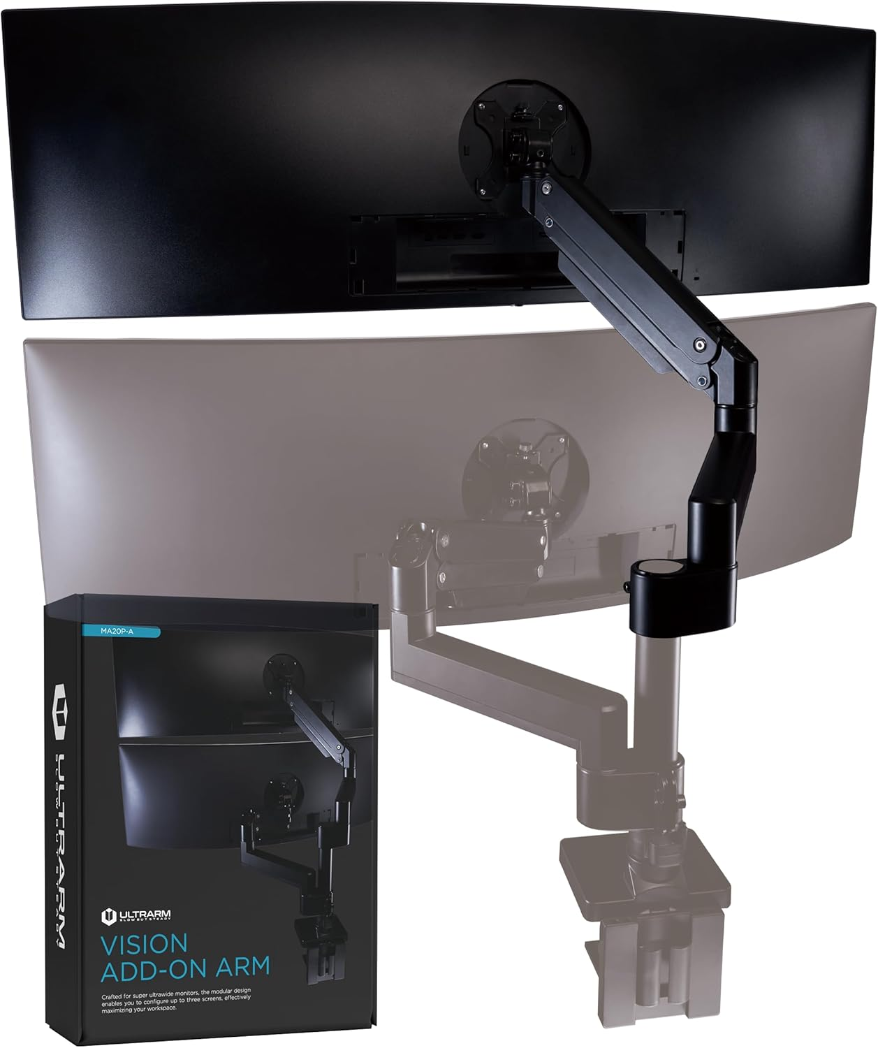 ULTRARM Heavy Duty Monitor Arm for Ultrawide Monitors up to 57" and 44 Lbs, Single Desk Stand, Pneumatic Height Adjustable, Modular Extension Arms - Max VESA 100X100, Black, MA20P-S