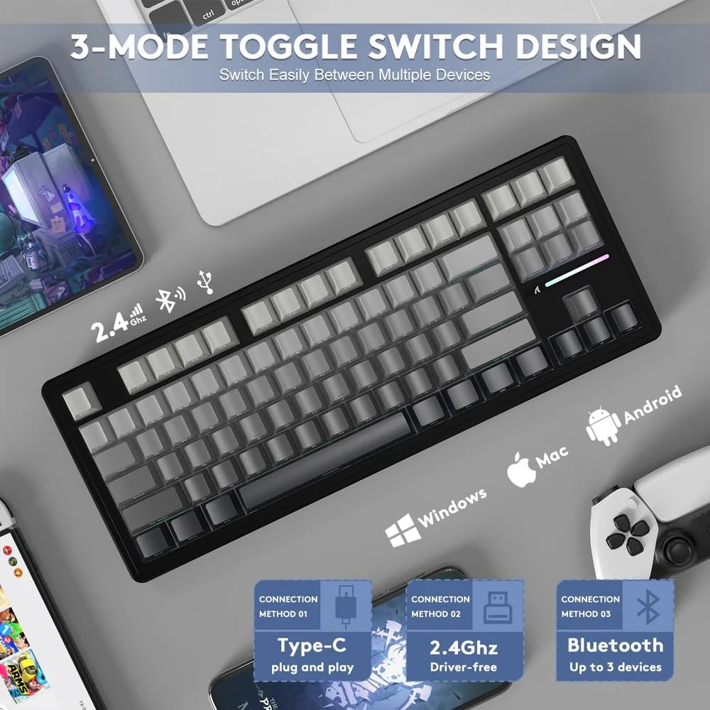Attack Shark M87PRO TKL Wireless Mechanical Gaming Keyboard, BT5.0/2.4G/USB-C Wired Hot Swap RGB Keyboard 80% US Layout,Linear White Switches Gradient Side Print PBT Keycap for PC Mac - Moonlit Night