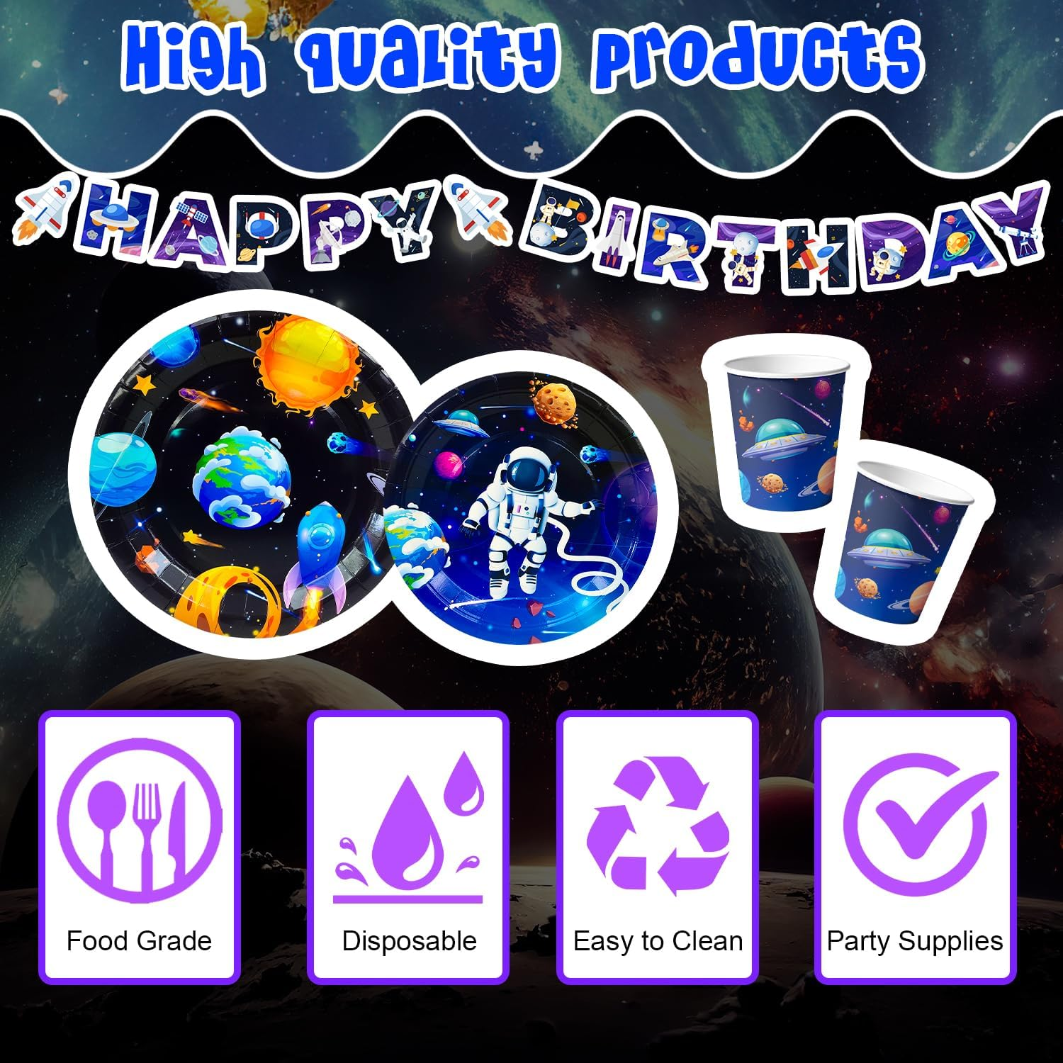 Space Theme Tableware, 24 Guests Outer Space Birthday Party Supplies - Party Plates Napkins Tablecloth Garland Etc Tableware for Birthday Decorations image number 1