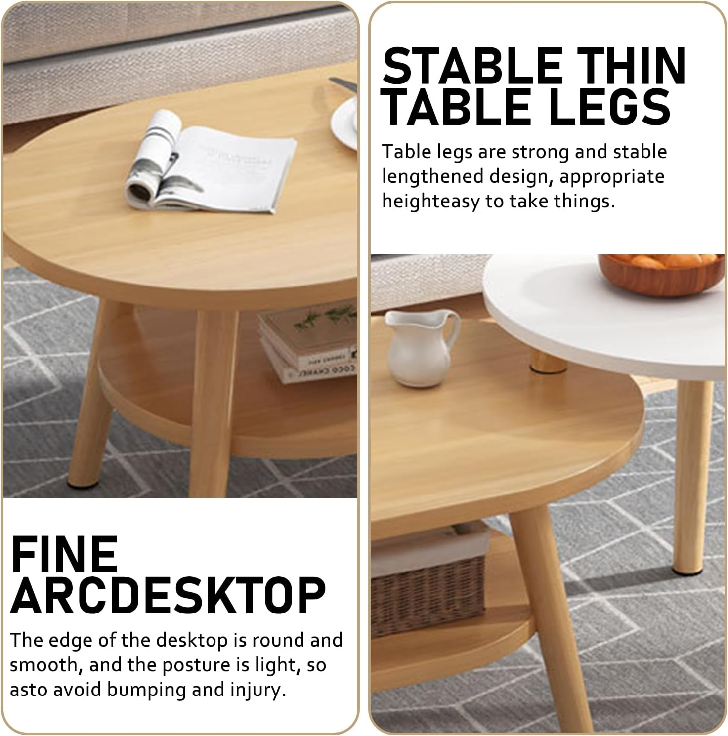 Uandhome Coffee Table-Oval Wood Coffee Table with Open Shelving for Storage and Display 2 Tier Sofa Table, Small Modern Furniture for Living Room&Home (Light Oak) - Light Oak image number 6