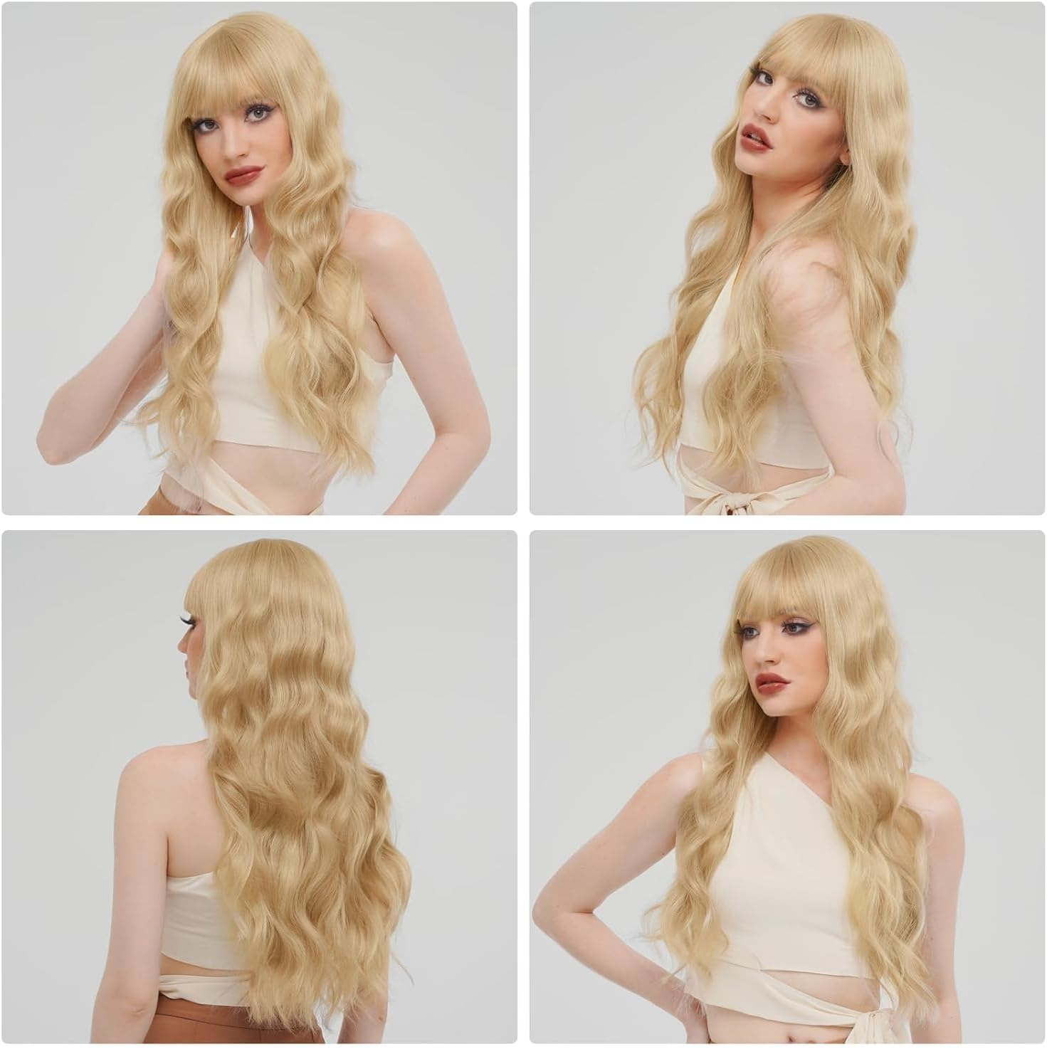 QAUARUMSUN Long Blonde Wig with Bangs 26 Inch Long Curly Wavy Wigs for Women Synthetic Blonde Hair Wigs Natural Looking Daily Cosplay Party Halloween（Wavy） image number 4