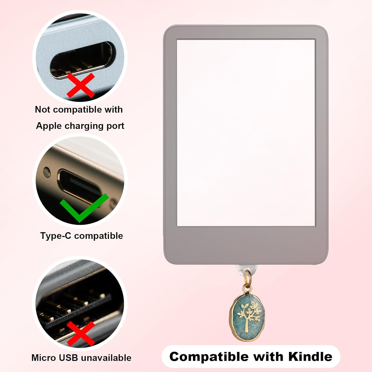 3Pcs Dust Plug Charms, 1.42X0.51In Colorful Delicate USB C Dust Plug Charm with Leaf Tree Design for Kindle E-Reader Smart Phone (Fossil Style) image number 5