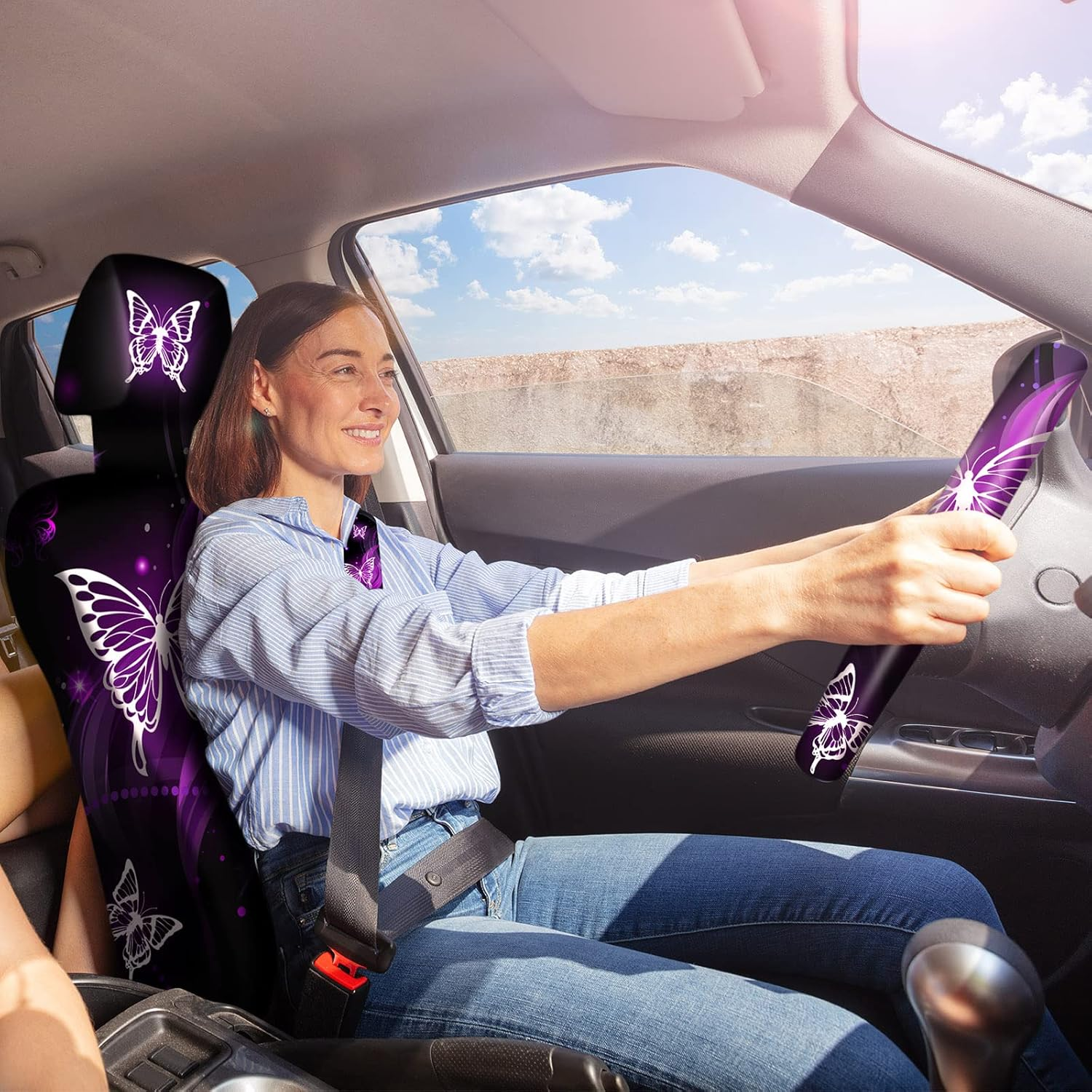 15 Pcs Butterfly Car Seat Covers Full Set Butterfly Front Rear Seat Covers Steering Wheel Cover Wrist Strap Coasters Armrest Shoulder Pads (Purple Glitter Butterfly Style) - Classic Butterfly Style image number 3