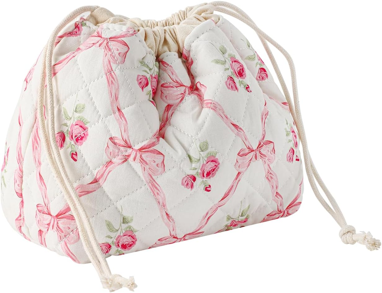 Cotton Quilted Drawstring Makeup Bag with Canvas Lining,Coquette Aesthetic Cute Travel Toiletry Bag,Drawstring Gift Bag for Women and Girls, 03Pink Bows