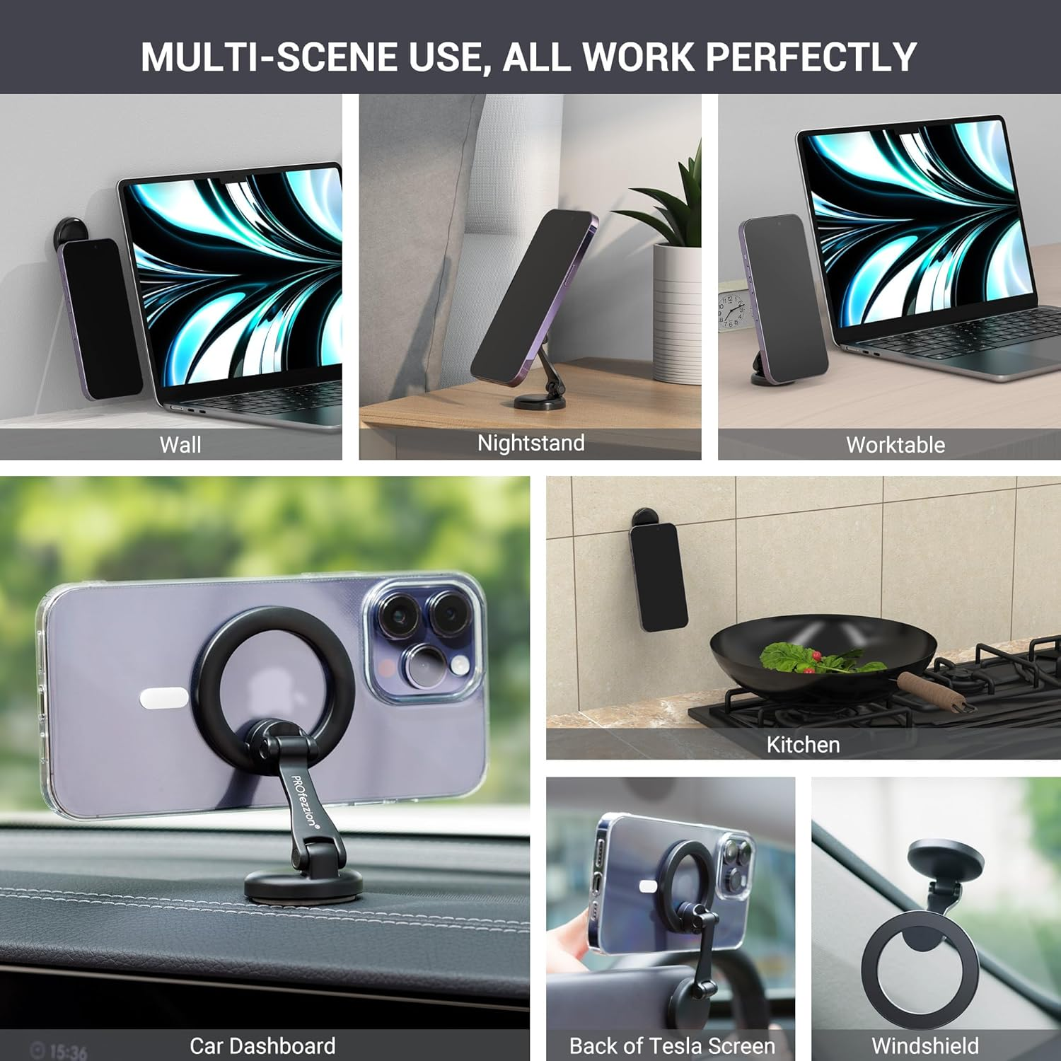 Profezzion Strong Magnetic Car Mount Phone Holder Stand for Iphone 15 14 13 12 Pro Max Mini plus & All Phones with the Metal Ring Included, on Car Dashboard Ultra Stable image number 3