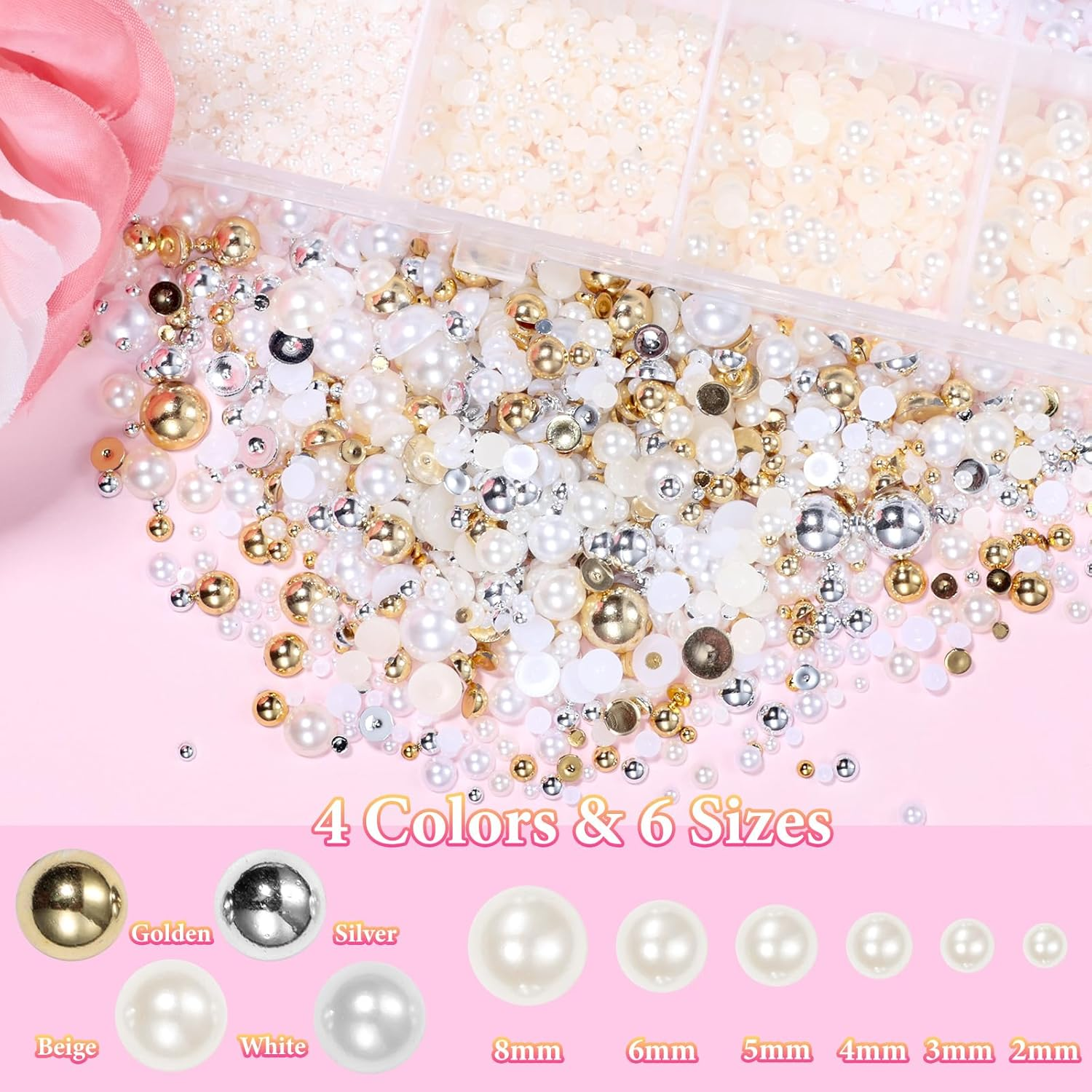 9000 Pcs Gold Silver Flatback Pearls for Crafting, Half round Nail Pearls, Silver Gold Nail Gems Beads, 2-8 Mm White Beige Pearls Beads for Nails DIY Jewelry Face Makeup with Pickup Pencil Tweezer image number 4