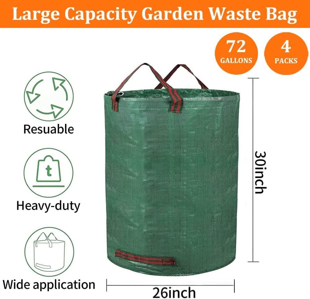 4 Pack 72 Gallons Reusable Yard Waste Bags, Large Lawn Leaf Bags Heavy Duty with 4 Handles Garden Waste Bags Container for Clean up Outdoor Debris Leaves Grass Clippings image number 1