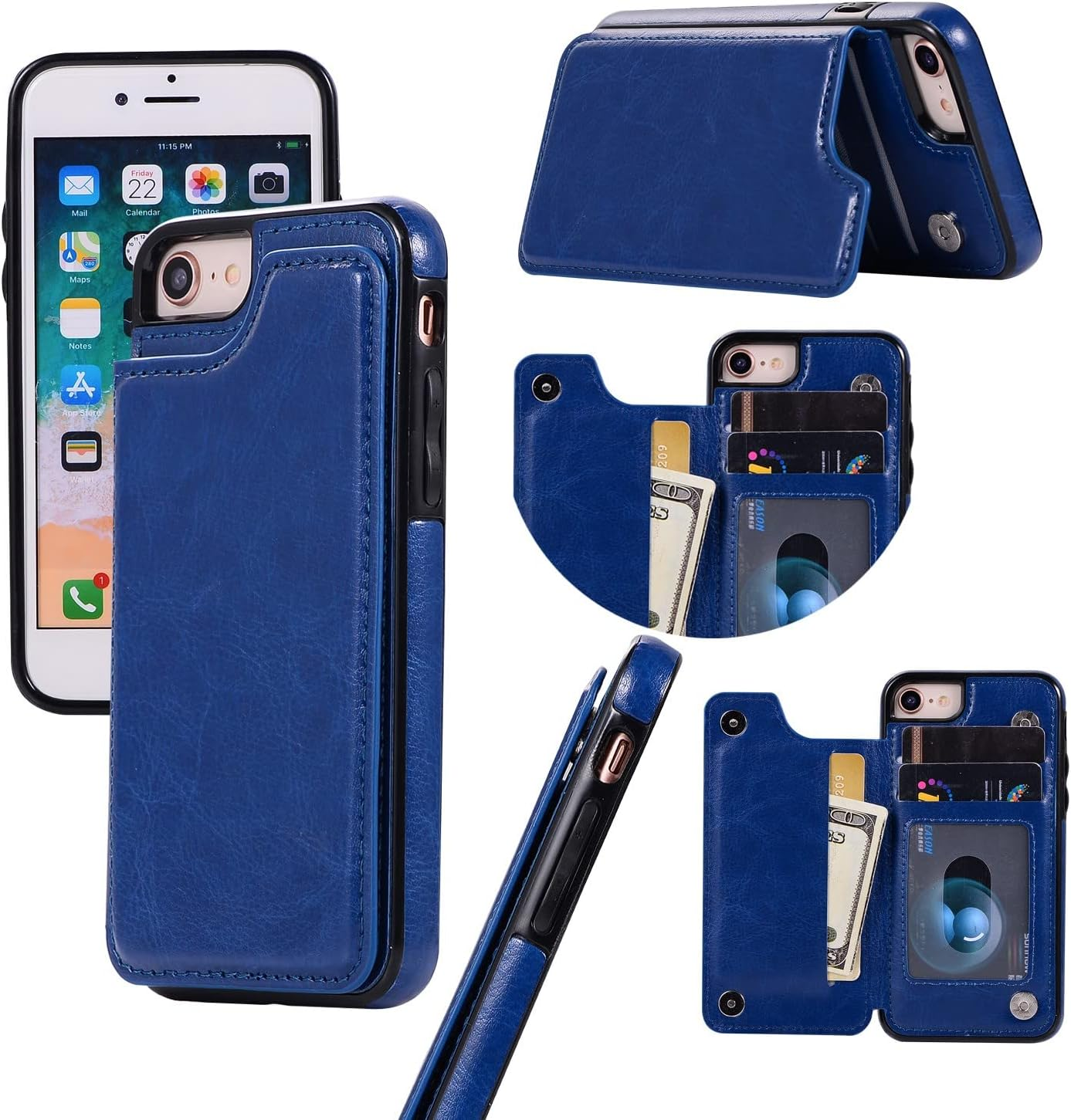 Wallet Case for Iphone 7/8,For Iphone SE 2020/SE 5G 3Rd Gen Case[Double Magnetic Clasp Durable Shockproof Cover] with Card Holders PU Leather Kickstand Card Slots-Blue image number 3