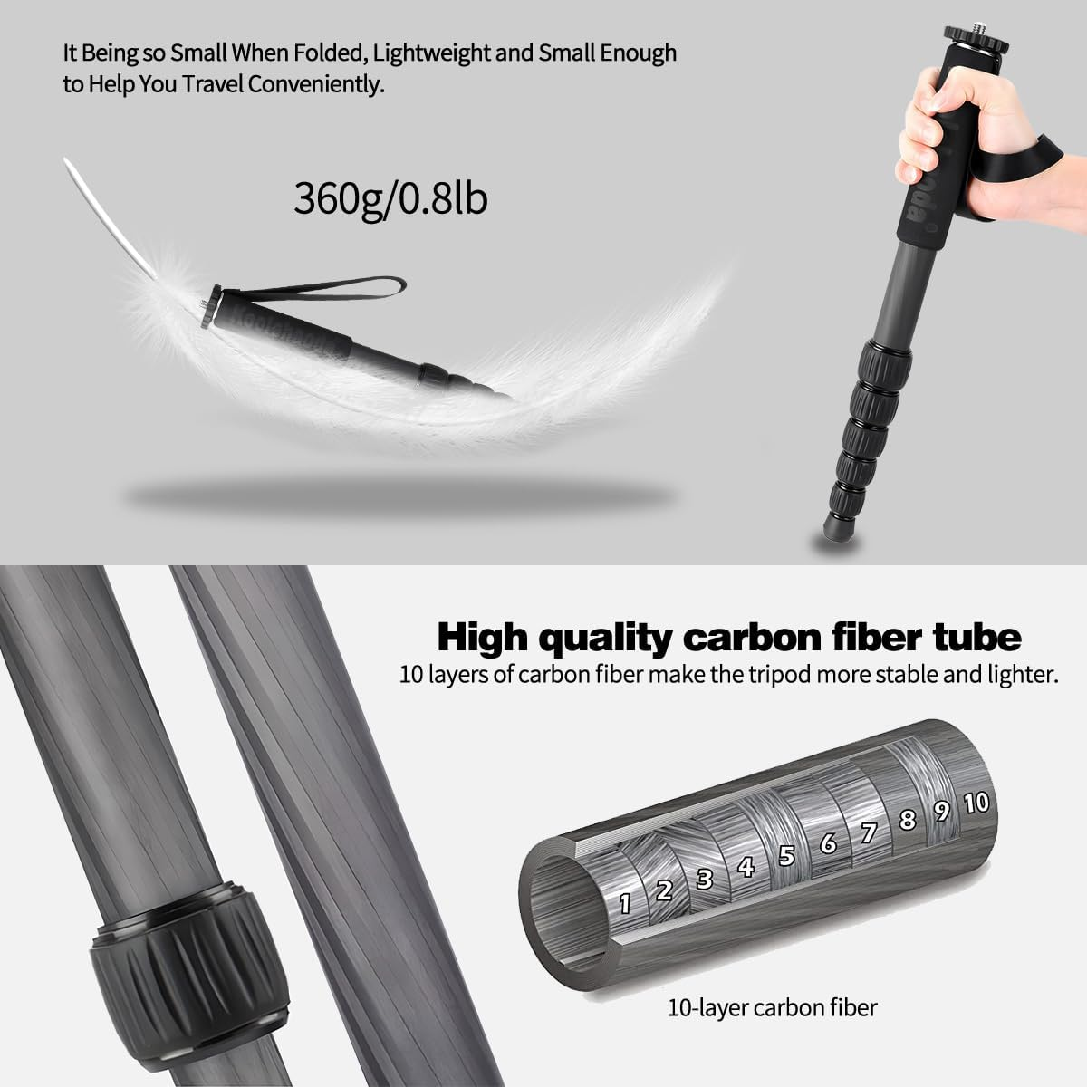 Koolehaoda Carbon Fiber Monopod, 6-Section Portable Compact Camera Monopod Unipod Stick. Max Load 22Lbs/10Kg - MP286C image number 6