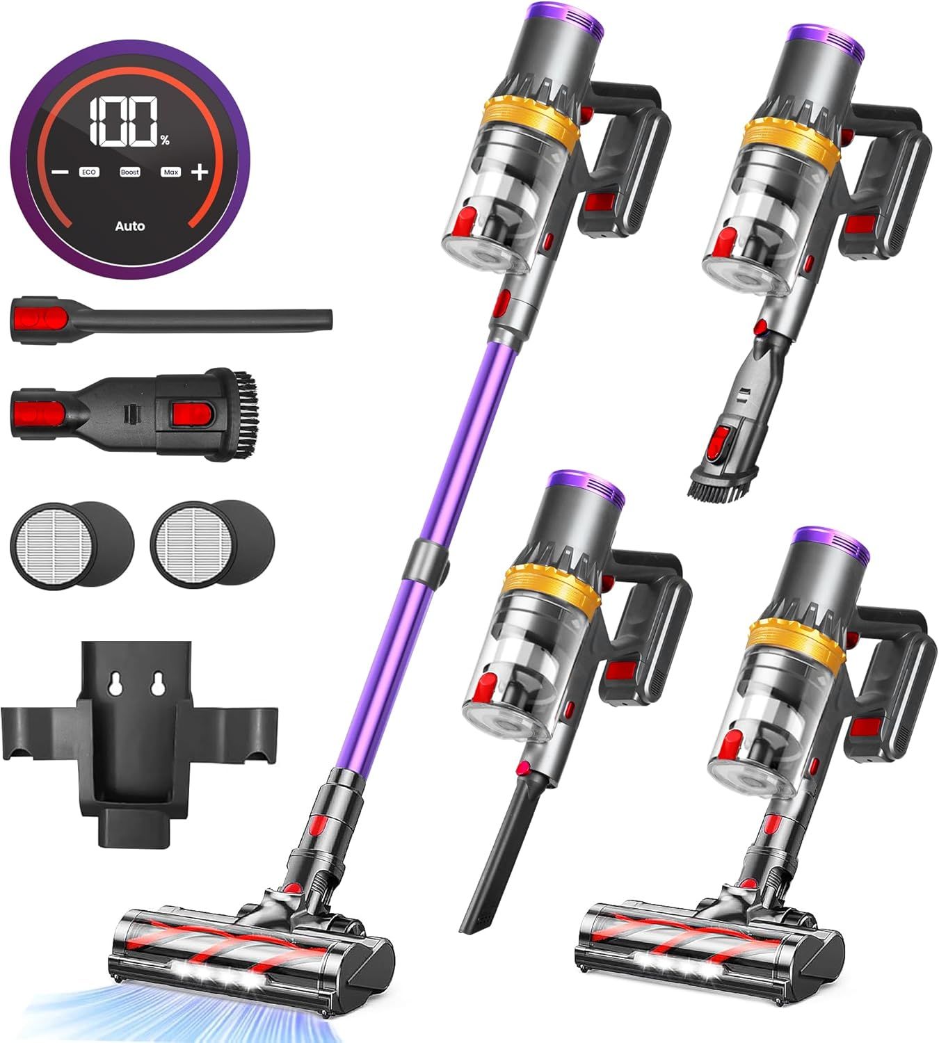 Cordless Stick Vacuum Cleaners 45Kpa/550W with Upto 90Mins Runtime | RFAQK Upright Vacuum Cleaner with 2 Hepa Filters-Wall Mounted-Touchscreen-Anti-Tangle Brush (Purple) image number 6