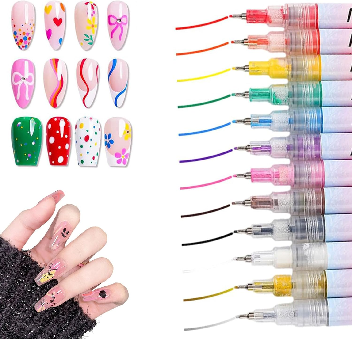 12 Colors Nail Art Pens Set, Nail Art Markers Polish Pen, Point Graffiti Dotting Pen Drawing Painting Liner Brush for Beauty Adorn Manicure Tools (12PCS)