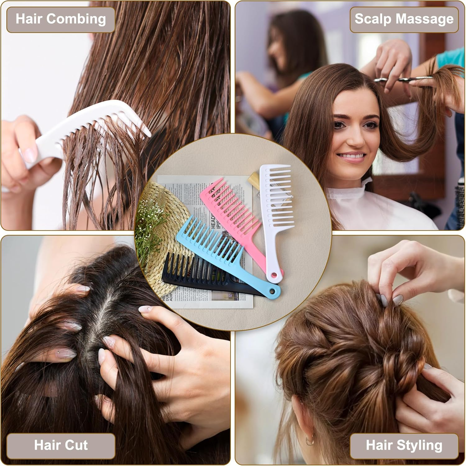 4PCS Wide Tooth Comb, Large Hair Detangling Comb Styling Comb, Professional Women Hair Care Handgrip Comb for Curly, Wet, Long Hair (Black) - Black image number 2