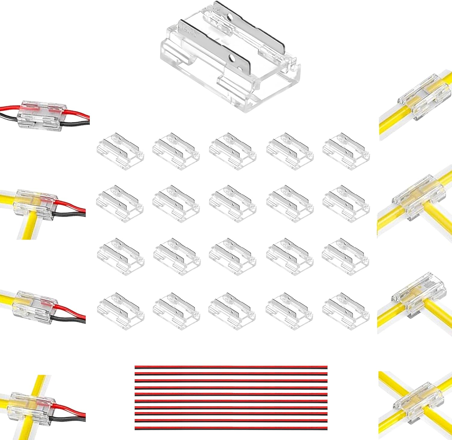 Clearhill 8Mm 2Pin 20Pcs Press-In Assembly COB Led Strip Connectors,Ultra Slim,Strip to Wire Connectors + 10Cm Cable for Single Color 5V/12V/24V Light Strips,Transparent Terminal,Safe Connection. image number 2