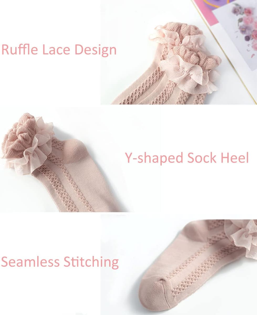 WATOCHE Baby Girls Socks Toddlers Ruffle Socks Girl'S Frilly Dress Socks Baby Anti-Slip Socks Cute Knee High Socks image number 4