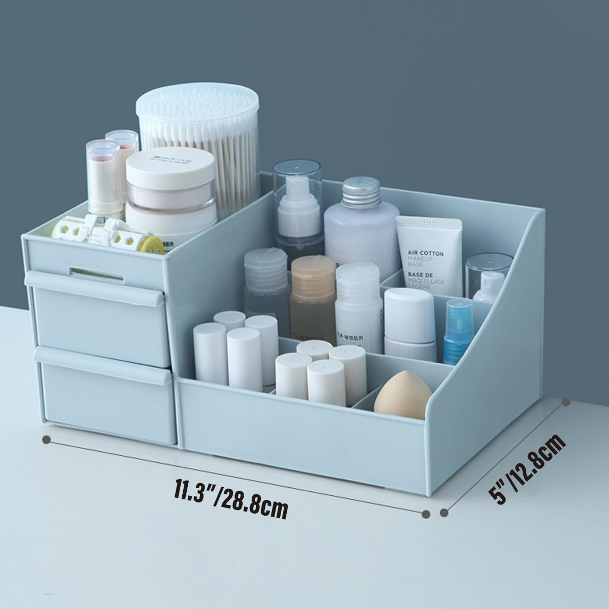 AIMALL Cosmetic Makeup Organizer with Drawers, Skincare Storage Box Holder, Durable Bathroom Holder Case, Space-Saving Design, 11.34 X 7.09 X 5.04 Inches, White, Pink, Blue or Khaki - Blue image number 2