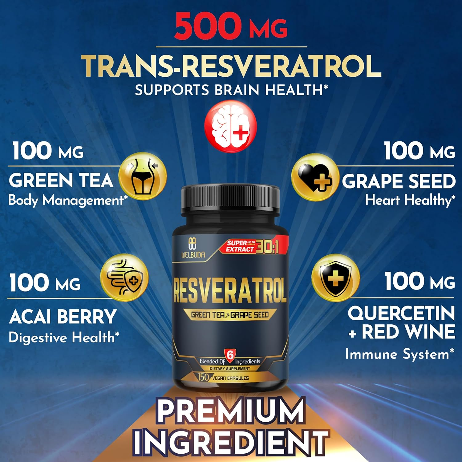 6In1 Resveratrol Supplement 28000Mg - 150 Capsules for Anti-Aging, Mind, Heart, Mood & Immunity Support - Green Tea, Grape Seed, Acai Fruit, Quercetin & Red Wine - 75-Serving Supply image number 4