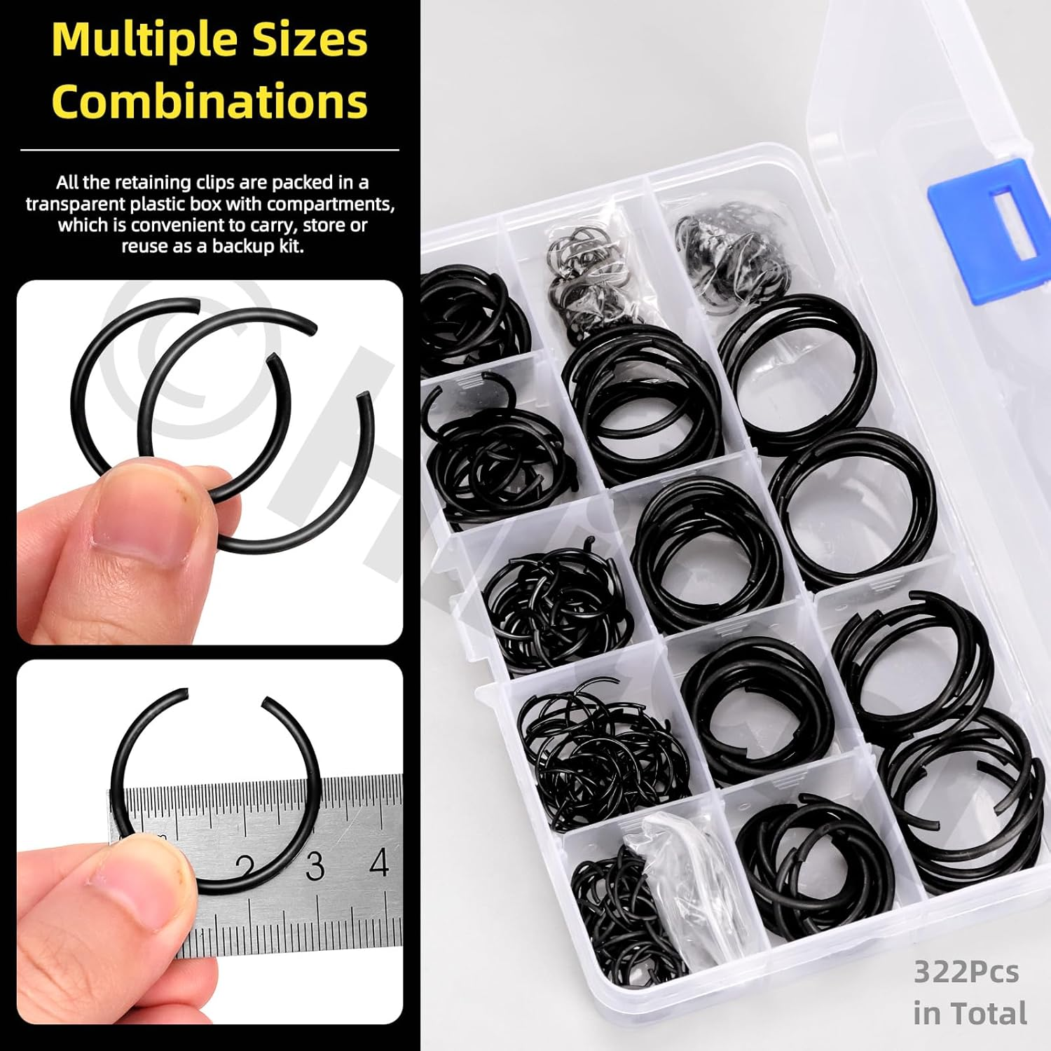Hilitchi 322Pcs round Wire Snap Rings for Hole, Manganese Steel C-Clips Internal Snap Rings Assortment Kit for Cylinder Automobile