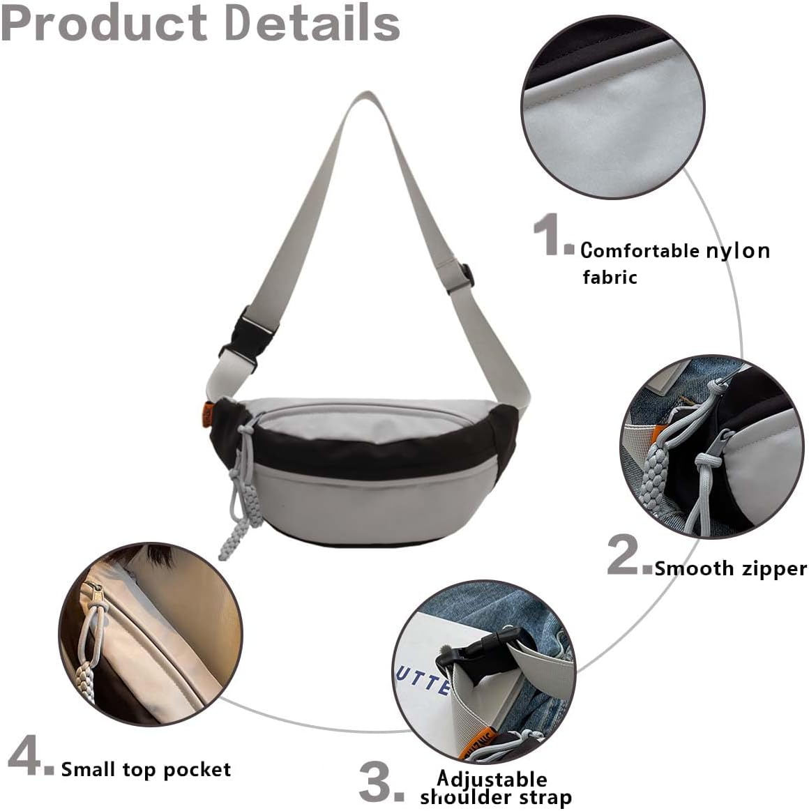 Men and Women'S Oxford Belt Bags Shoulder Bag with Adjustable Shoulder Strap and Zipper Pockets for School and Travel-Gray image number 2