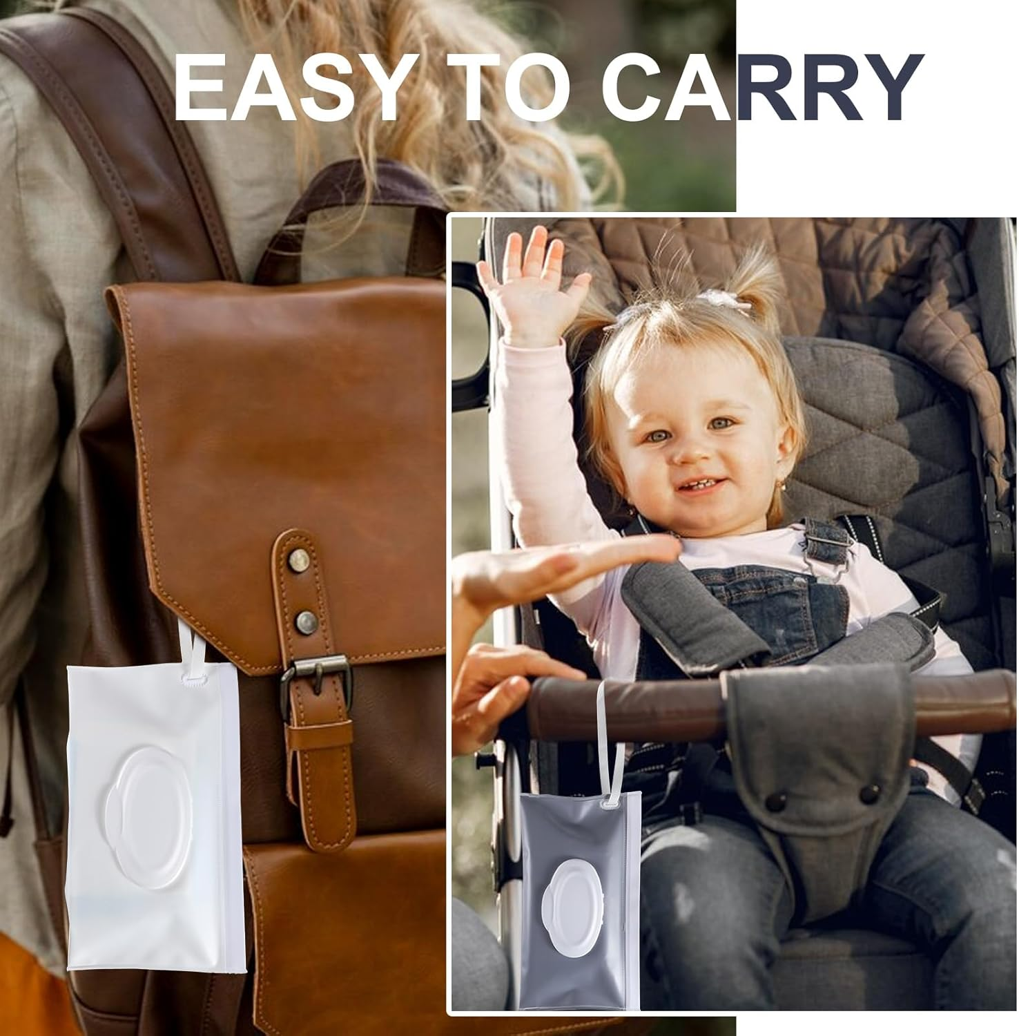 Reusable Wipes Pouch 2 Pack Portable Refillable Wipe Container, Waterproof and Dustproof Travel Wipes Case Baby Wipes Dispenser, Baby Wipe Holder Refillable for Travel (White & Gray) image number 4