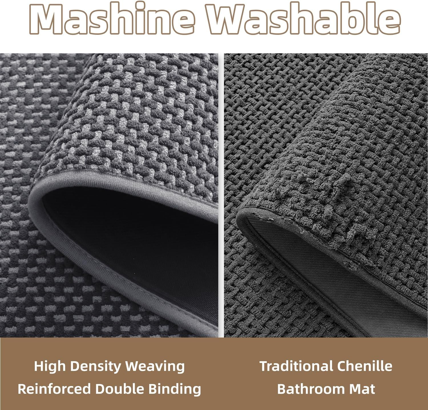 Padoor-Bath Mat-Super Absorbent Chenille Bathroom Mats-Rubber Backed Bath Mats for Bathroom Non Slip, Machine Washable Bathroom Rugs Front of Bathtub,Shower Room,Sink-43X61 CM Grey&Beige image number 1