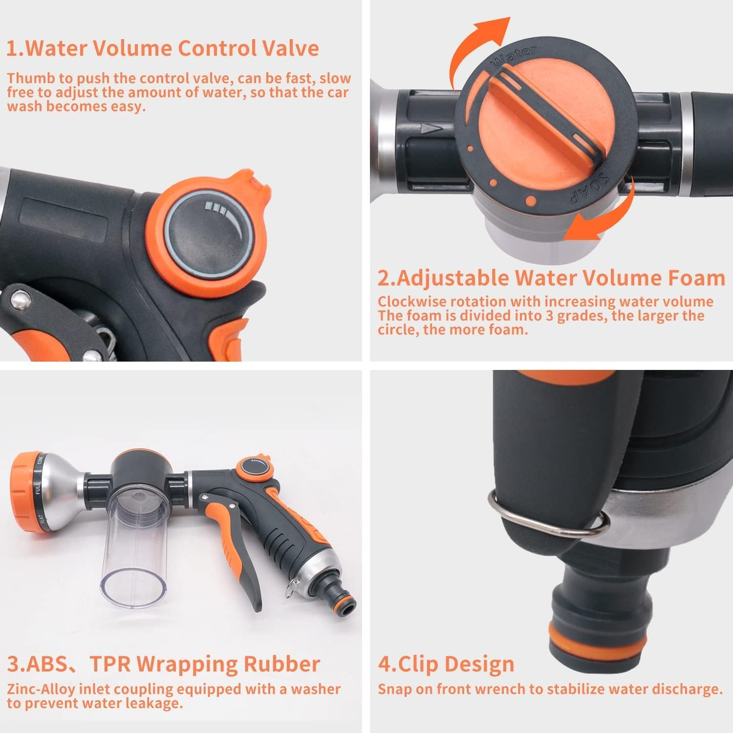Car Wash Sprayer,9 in 1 Watering Patterns Car Wash Hose Attachment Garden Hose Nozzle with Soap Foam Dispenser for Garden Plants Watering Dog Washing House Cleaning (Orange) image number 5