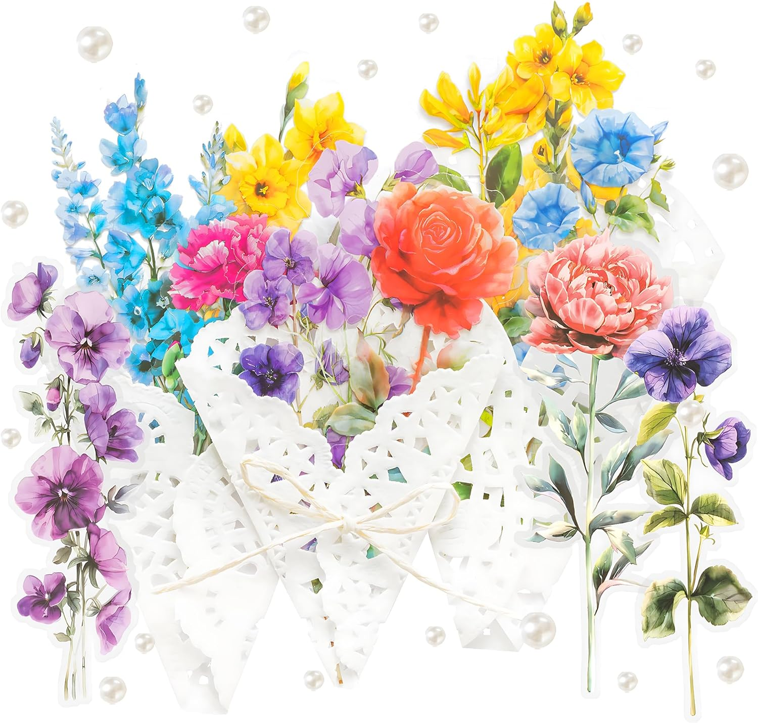 Mayplous Fruit Scrapbook Sticker Decal Set, Plastic PET, DIY Journaling, Lemon, Pineapple, Grape, Orange, 60 Pieces, Sticky Pearl, Circle Doily Paper, Beige Paper String