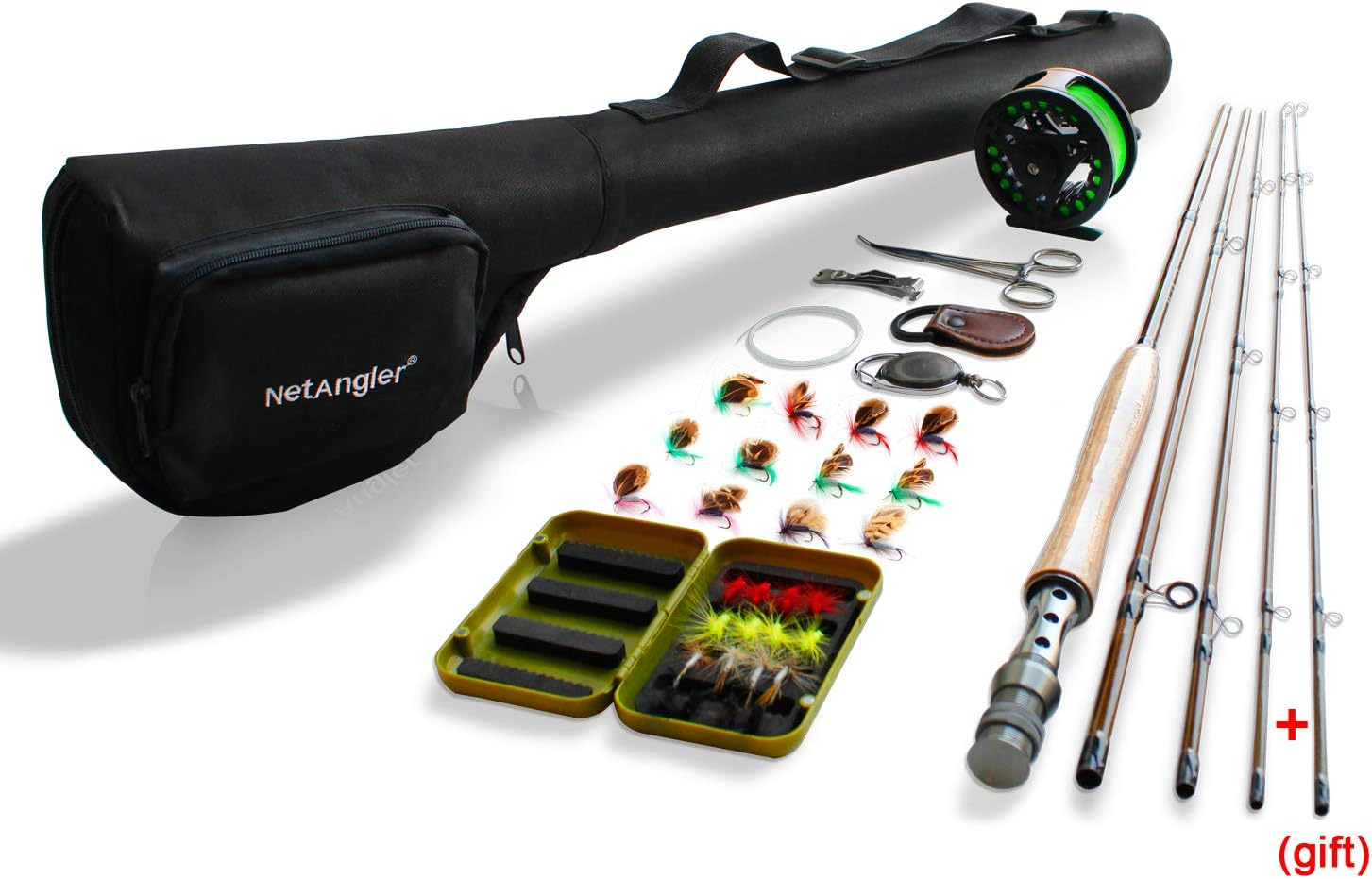 Netangler Fly Fishing Combo,Lightweight Portable Rod and Reel Kit,Graphite Pole with Carbon Fiber Blanks and Chromed Stainless-Steel Snake Guides 4-Piece,With Carry Bag(5-6#)