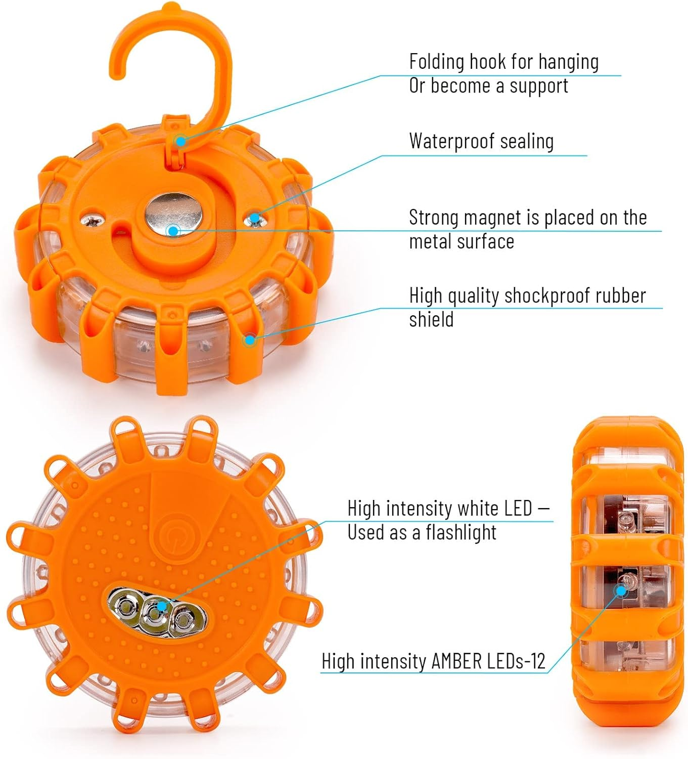 LED Road Flares Safety Flashing Warning Lights, Magnetic Base Hook Carrying Bag 9 Flash Modes, for Car Truck Boat 3Pack(Batteries Not Included) Orange image number 6