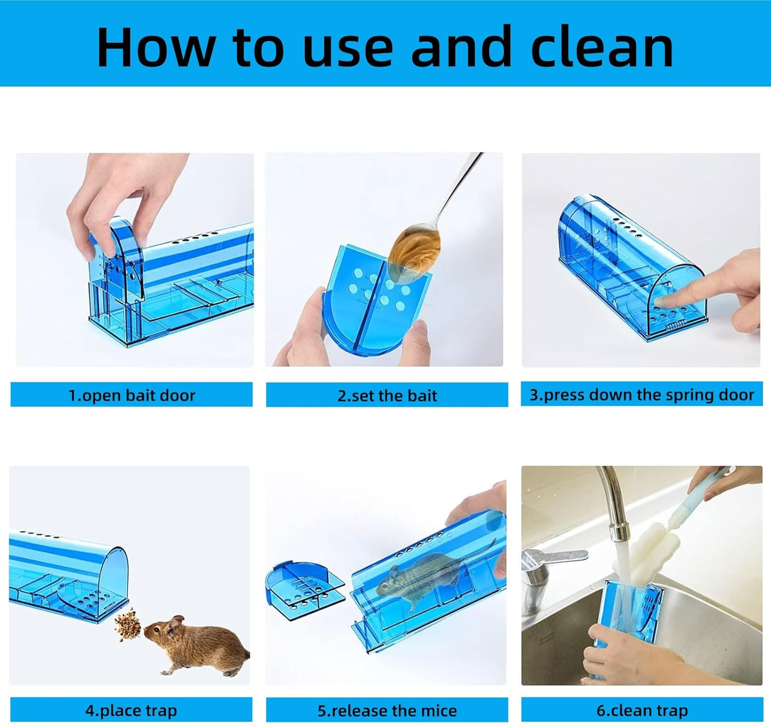 4Pcs Humane Mouse Trap Cage, Easy Set Durable Traps, Safe for Children, Pets and Humans (4, Blue-01) image number 5