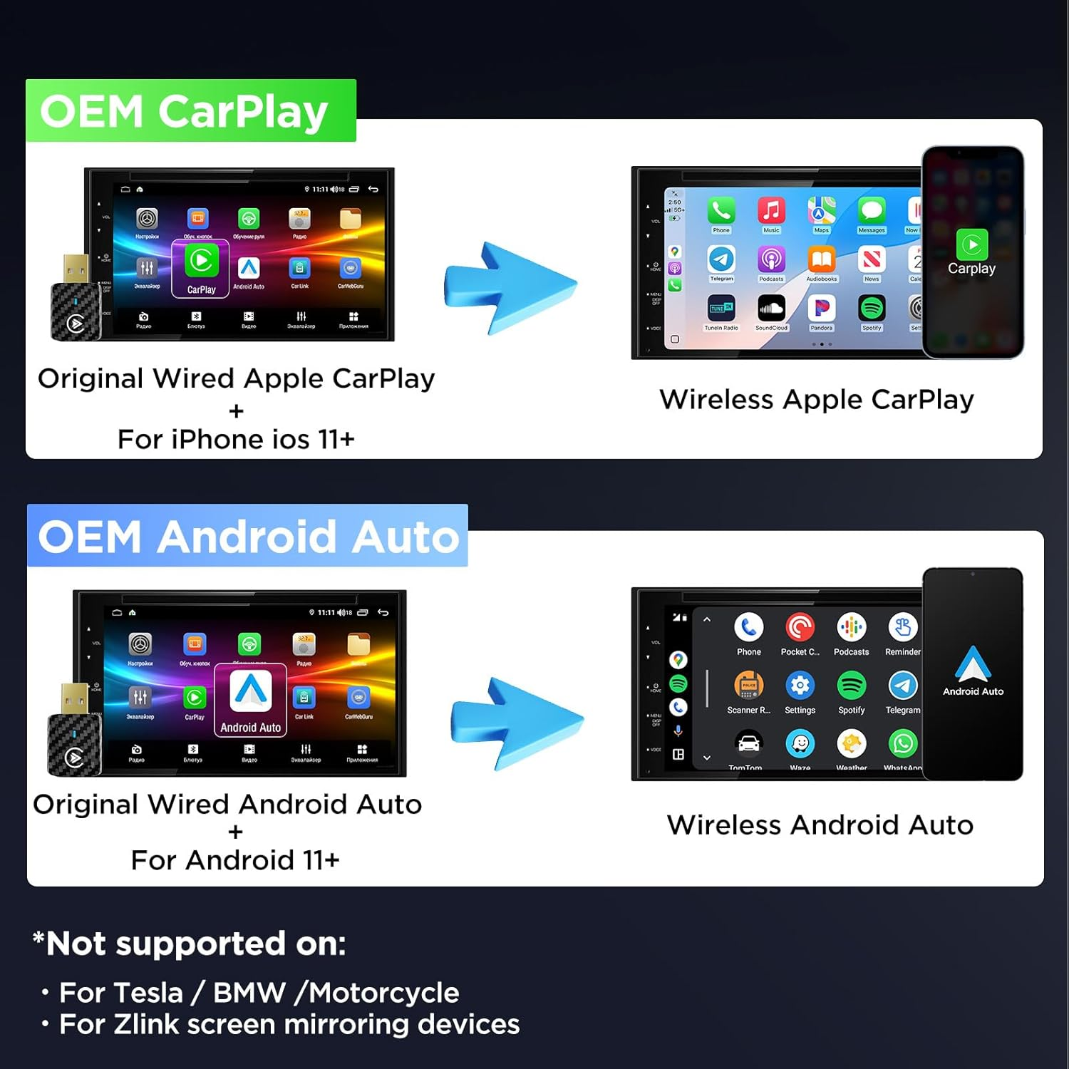 MSXTTLY 2 in 1 Carplay Wireless Android Auto Wireless Adapter, Mini Auto Car Play Wireless USB Dongle for OEM Wired Carplay Android Car Model 2017, with Iphone Ios 12+ / Android 11+, Blackgary image number 4