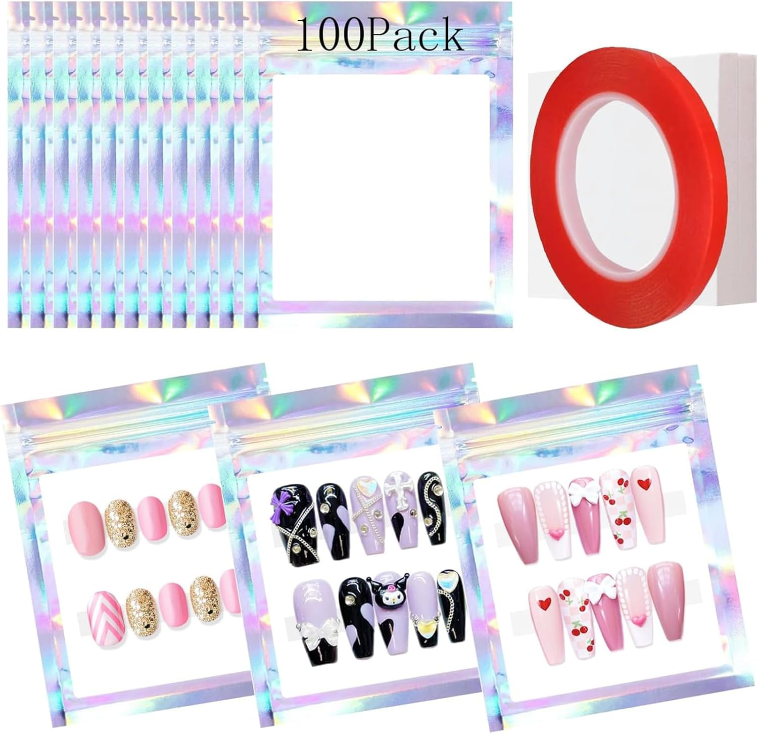100PCS Empty Holographic Nail Storage Bag, Press on Nail Packaging Bag and 100PCS Shiny White Cardboard with 1 Roll Transparent Tape for Fake Nail Display Storage Organizer Handmade Nails Business image number 4